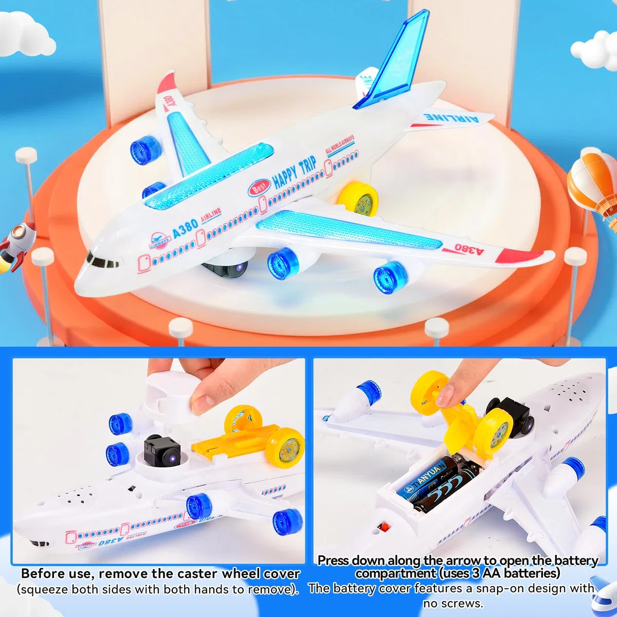 Aereo Giocattolo con Luci LED e Suoni di Decollo Realistici, Funzione Bump and Go, Aeroplano Giocattolo, Ragazzi e Ragazze dai 3 Anni in Su (30cm)