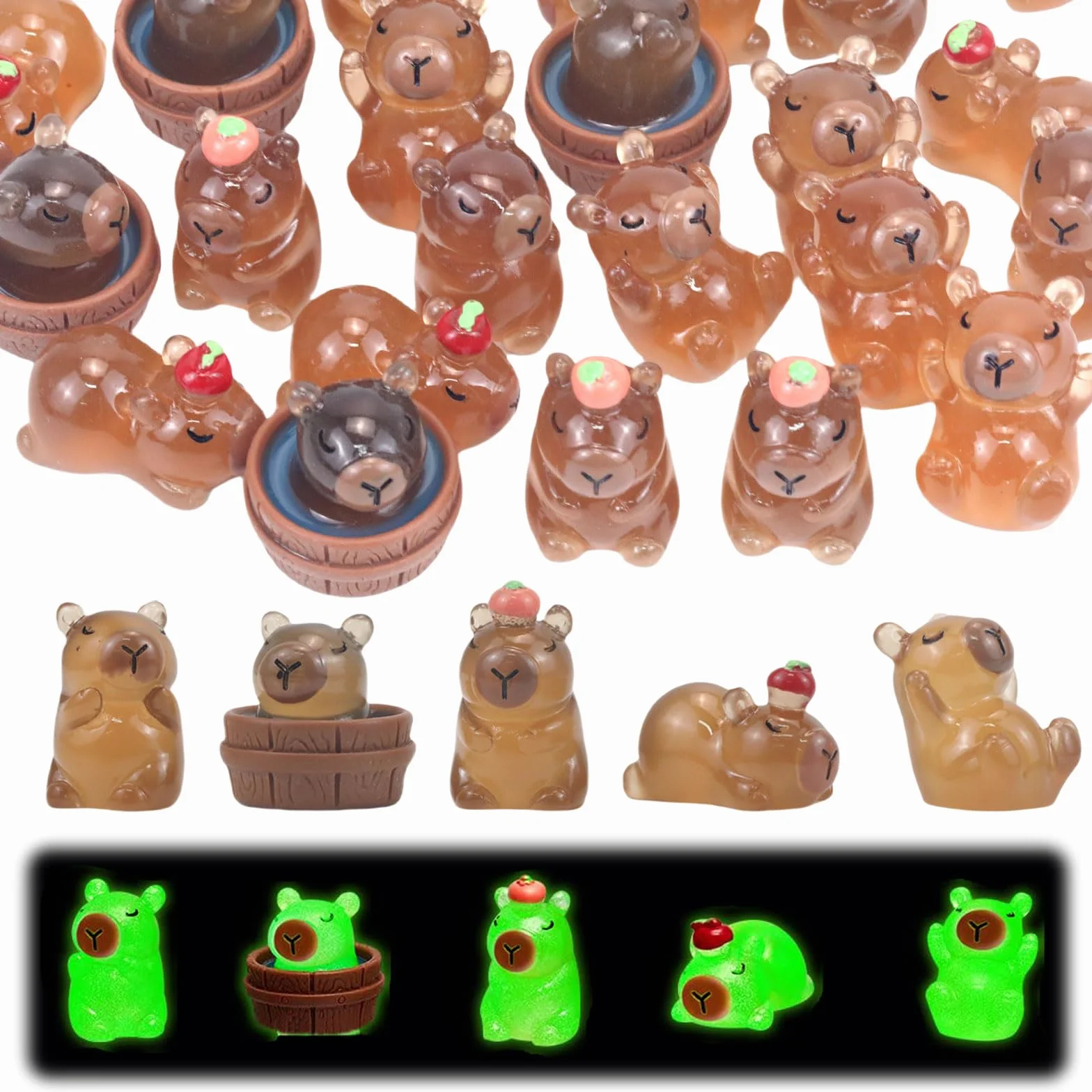 GlamRays Confezione da 30 mini statuette Capybara in resina luminosa Capybara, mini giocattolo, idea regalo per scrivania, da tavolo, decorazione artigianale per esterni