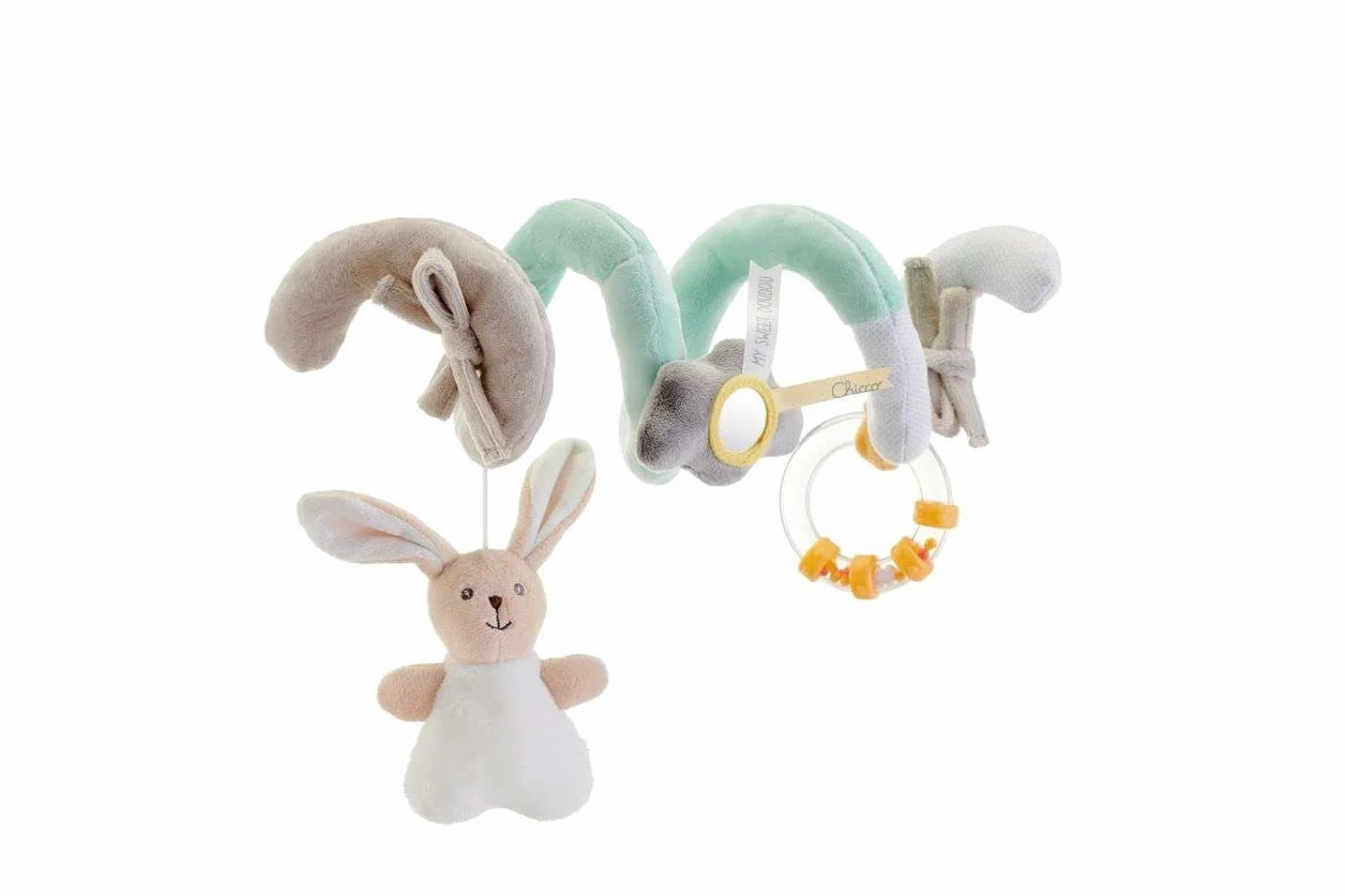 Chicco - Gioco Fune Passeggio My Sweet Doudou, in Morbido Tessuto Velour e Tessuti Diversi, con 3 attività di Gioco, Agganciabile Facilmente a Passeggino e Carrozzina, Beige, età 0 Mesi+