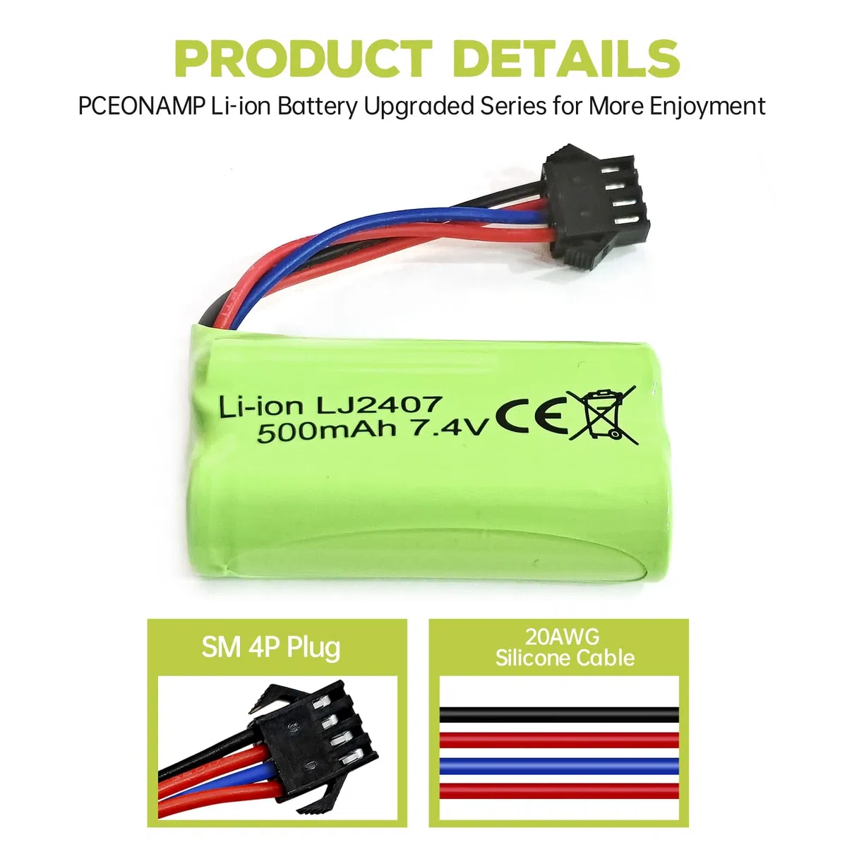 7.4V 500mAh SM-4P Plug Batteria Ricaricabile con Cavo di Ricarica USB per EC16 DE85 RC Toy Car Modello Buggy Batteria M416 Gel Blaster Elettrico Batteria di Ricambio