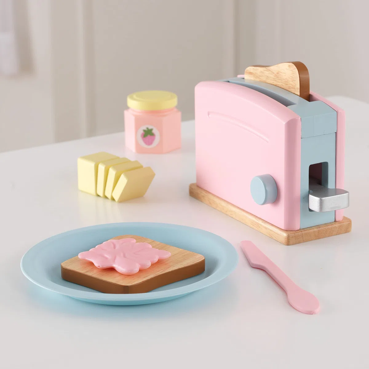 KidKraft Set Tostapane Giocattolo Pastello in Legno, Set Mini Elettrodomestici con Cibo Giocattolo per Cucina per Bambini, Accessori Cucina Bambini, 63374
