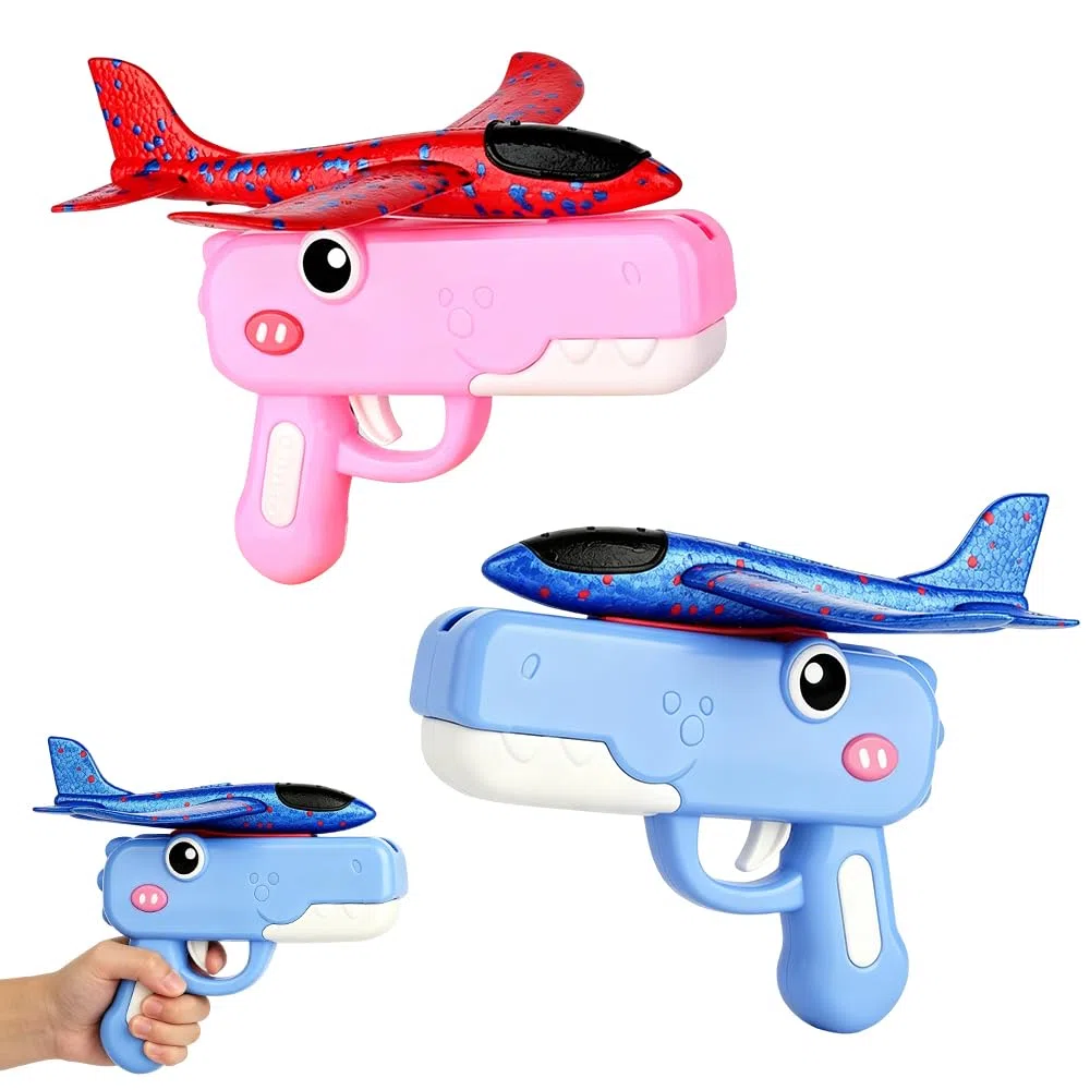 2 Pezzi Aereo Polistirolo per Bambini, Aeroplano Giocattolo, Alianti in Polistirolo con Pistola Catapulta, Dinosauro Generico, Giochi all'Aperto Ragazzo Ragazza 3 4 5 6 7 8 9 Anni