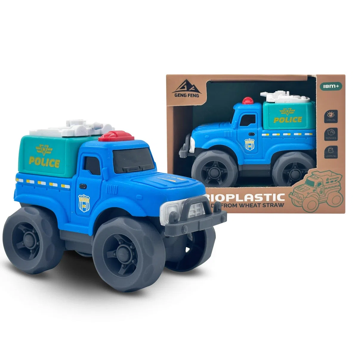 Camion della Polizia Giocattolo in Bioplastico (Paglia di Frumento) – Camion Giocattolo Ecologico per Bambini ≥18 Mesi, Resistente e Non Tossico, Camion di Polizia Azzurro
