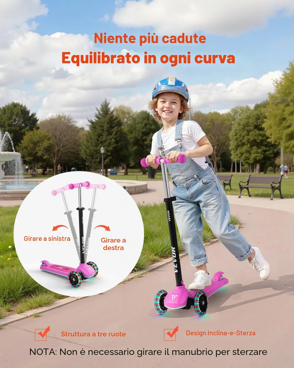 VEVOR Monopattino per bambini dai 3 anni in su, monopattino a 3 ruote con ruote luminose, manubrio regolabile in altezza, ampia pedana antiscivolo, telaio in alluminio leggero per ragazzi e ragazze