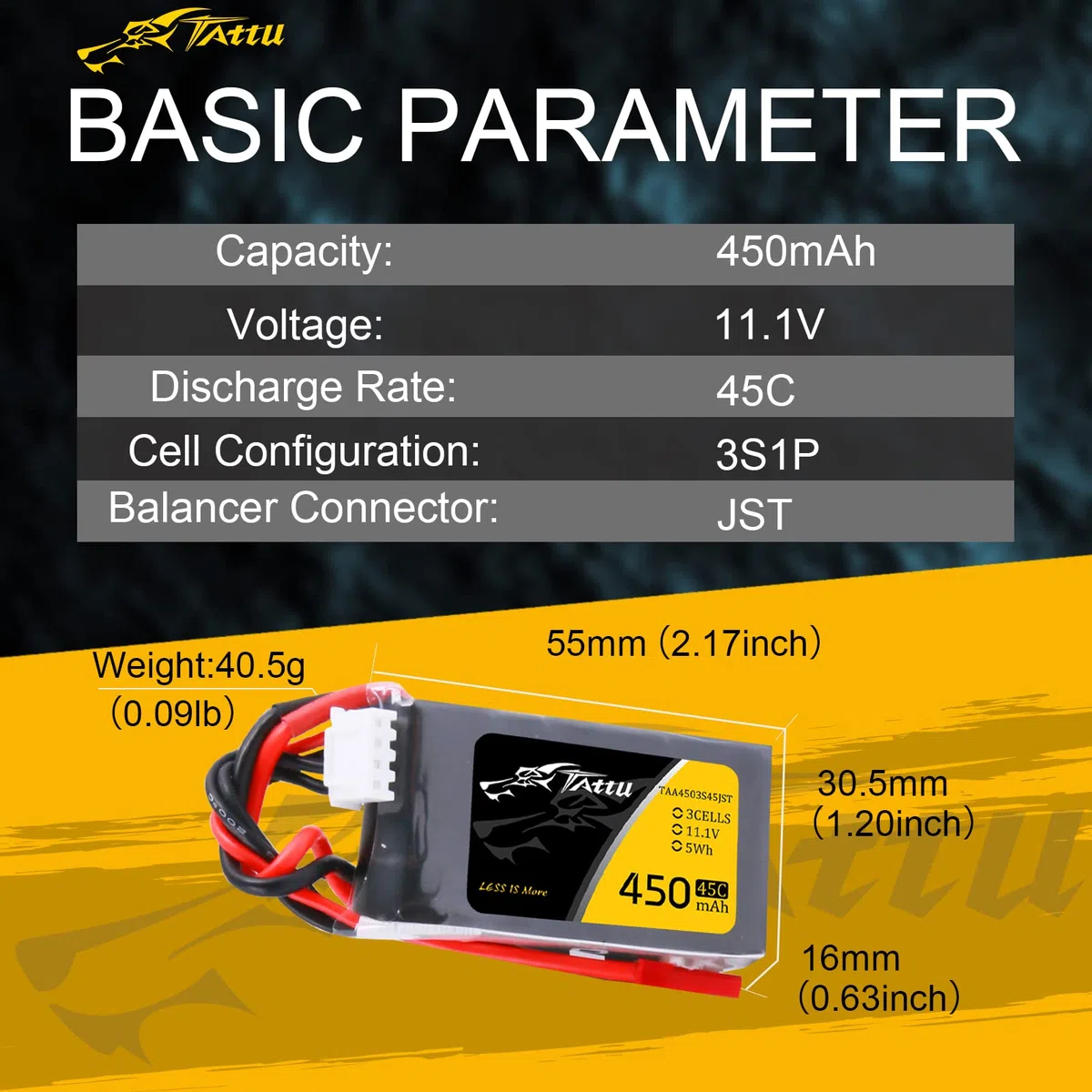 Tattu 3S 450mAh Batteria Lipo 11.1V 75C 3S1P with spina JST per UAV Drone RC Quadrocopter Multirotor FPV