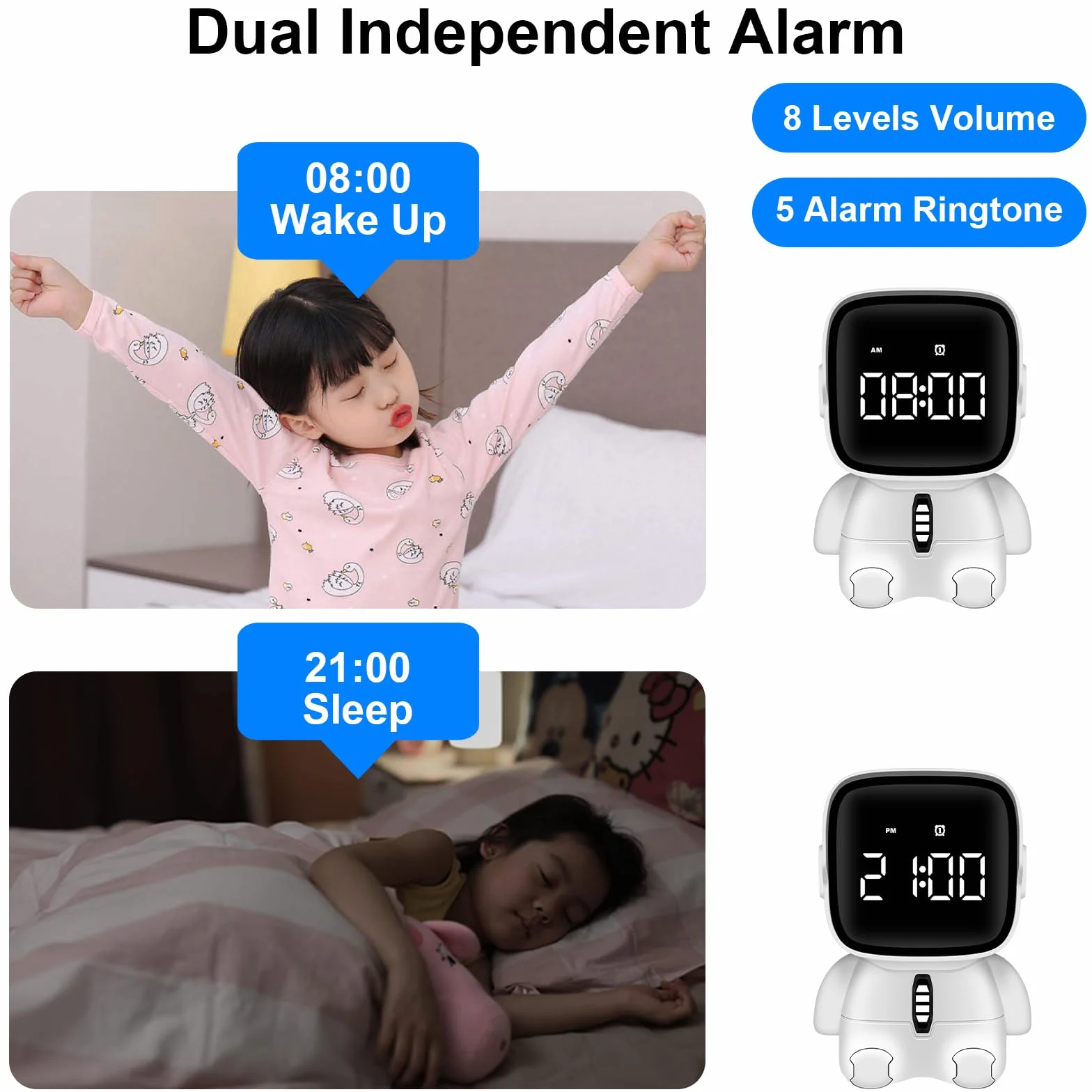 Sveglia digitale a LED per bambini, sveglia astronauta con funzione snooze, 2 allarmi, conto alla rovescia, orologio digitale elettronico ricaricabile per camera da letto, ufficio