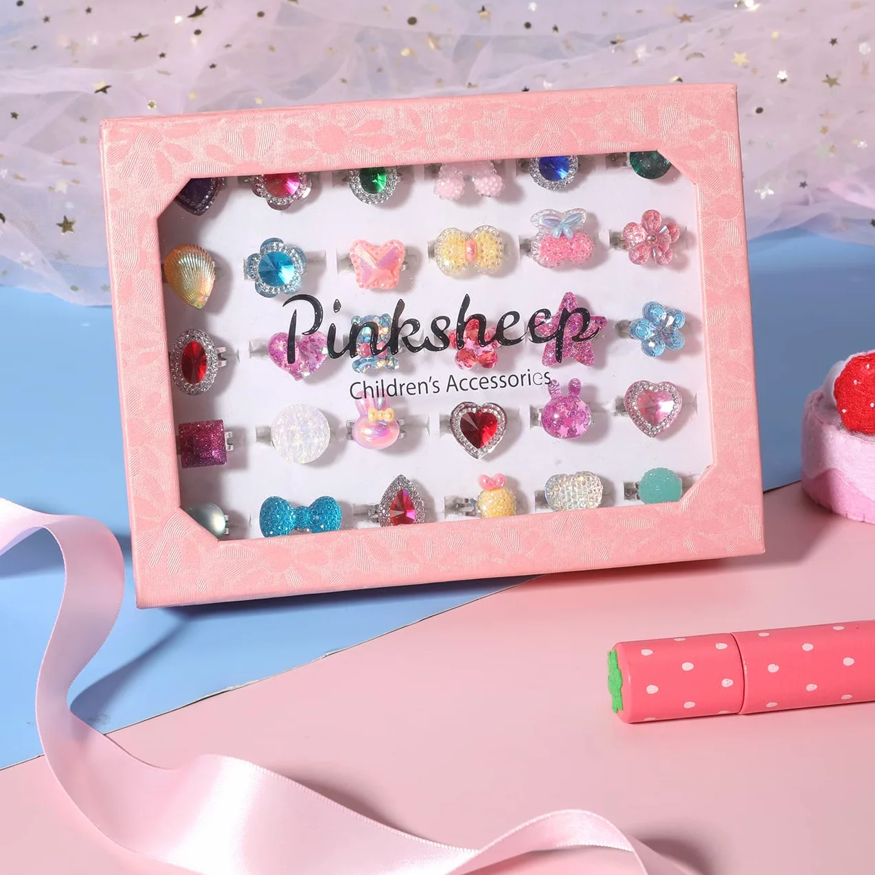 PinkSheep Little Girl Jewel Rings in Box, Adjustable, No duplication, Girl Pretend Play and Dress Up Rings (30 Jewel Ring)