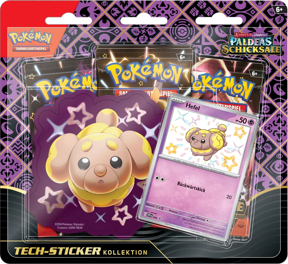 Pokémon - Gioco di carte collezionabili: collezione Tech-Sticker Karmesin & Viola – Paldeas Destini – Hefel (1 carta promozionale olografica e 3 boosterpack)