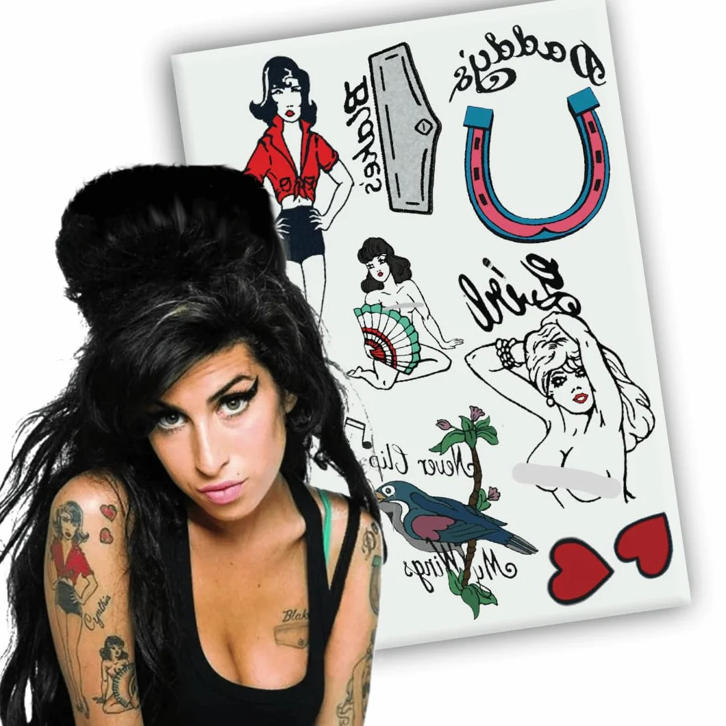 Set di tatuaggi temporanei Amy Winehouse - Per costumi - Carnevale - Halloween - Cosplay (Foglio intero)