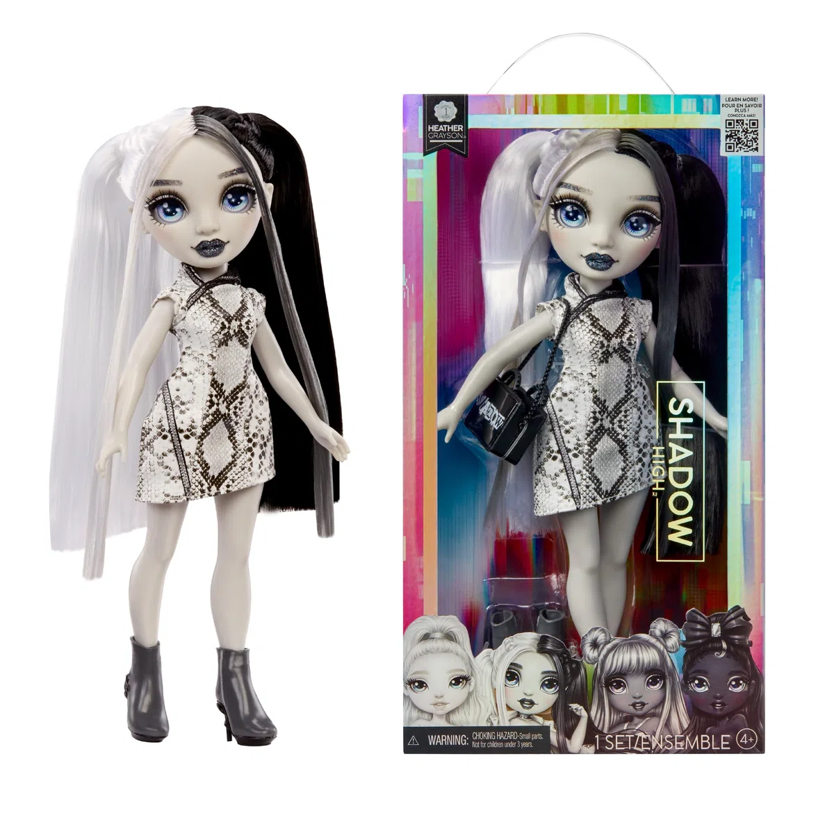 Rainbow High Shadow High Heather Grayson - Bambola Fashion da 28 cm, Capelli e Vestiti Bianchi e Neri, Borsetta alla Moda, Ideale da Regalare. Età 4-10