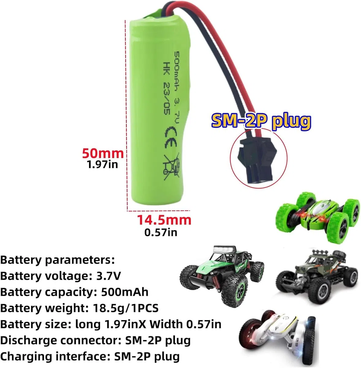 YUNIQUE GREEN-CLEAN-POWER - 2 Pezzi Batterie al Litio 3.7V 500mAh Compatibili con Auto DE35 DE38 DE40 DE50 TB202 TB201 TM201 TM202 TC141 DE44 DE55 RC con cavi USB Verde