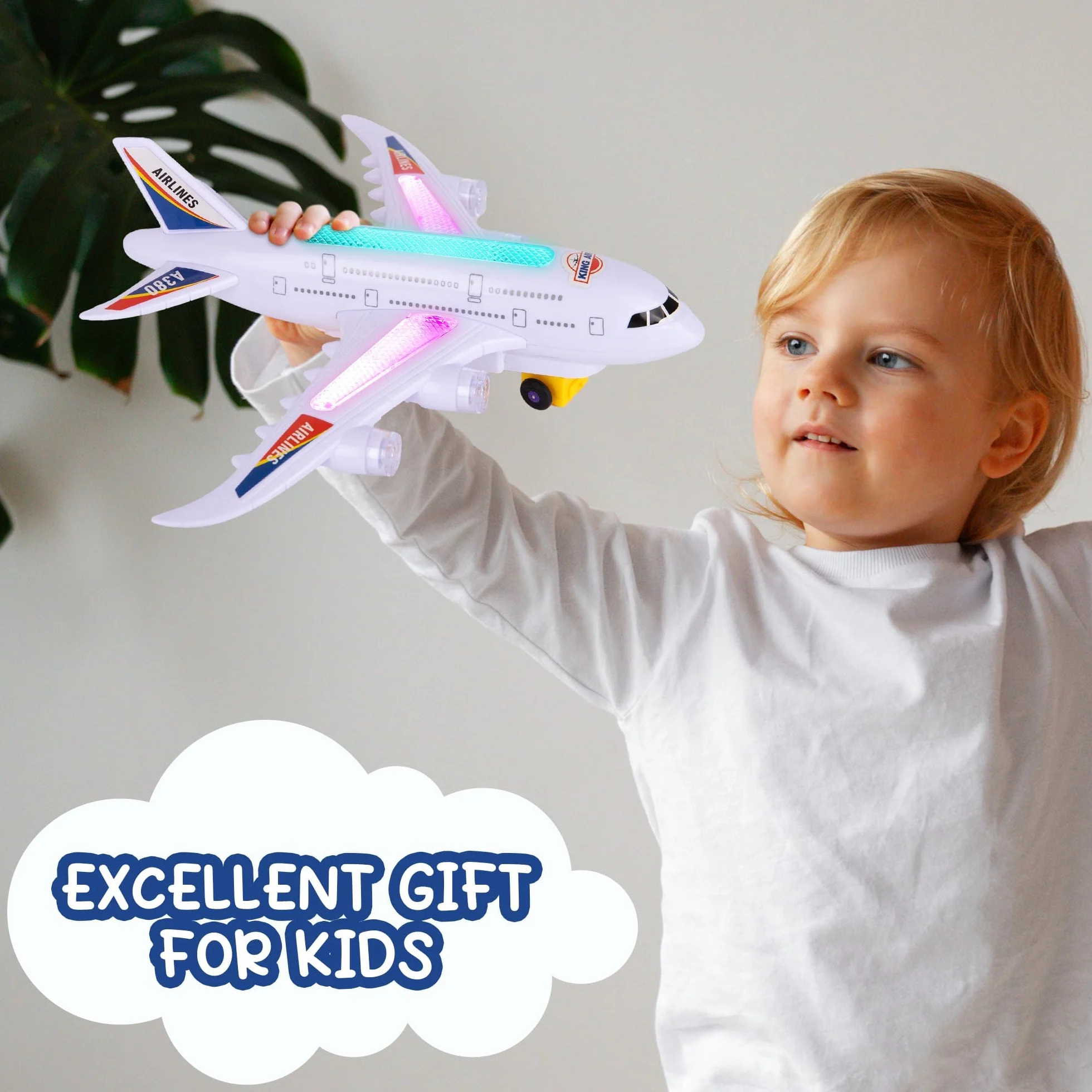 Aereo Giocattolo con Luci, Aeroplano Giocattolo, Con Suoni di Decollo, Luci LED- Funzione Bump-And-Go, Adatto Come Regalo di Compleanno per Bambini e Bambine dai 4 Agli 8 Anni