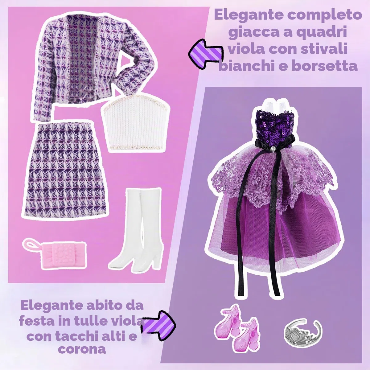 25 Bambole Abbigliamento e Accessori, Compatibile con 11,5 bambole, 1 Abito da Sera 1 Set Moda 1 Vestito con Paillettes 1 Balletto 1 Vestito Maglione 2 Abiti 5 Borse 8 Scarpe1 Corona 3 Accessori