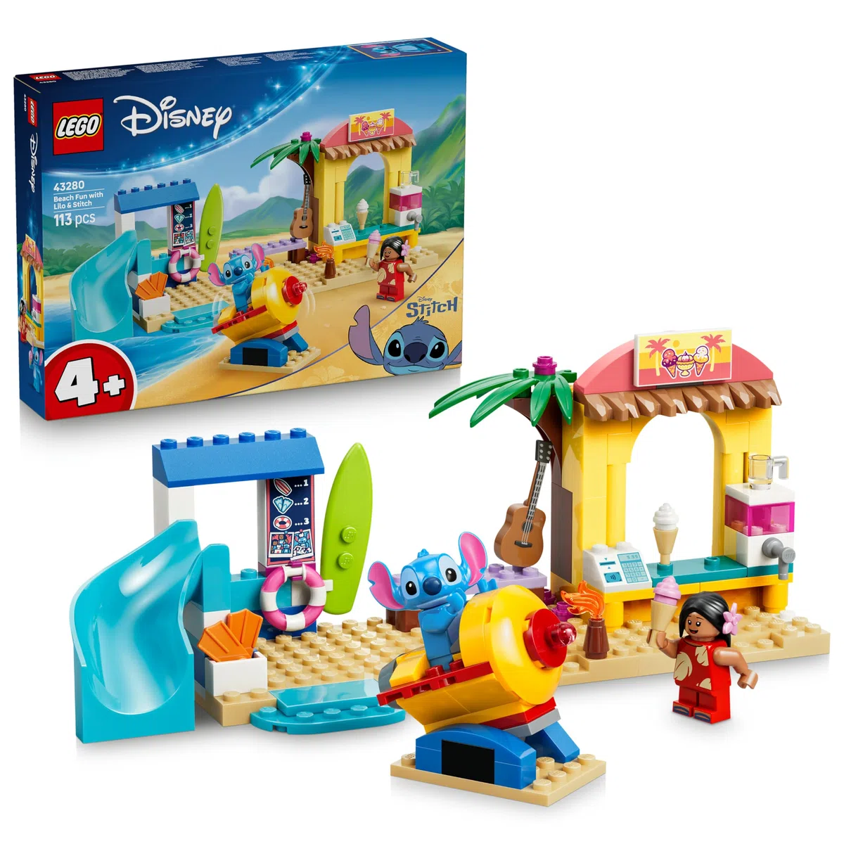 LEGO | Disney Divertimento in Spiaggia con Lilo e Stitch - Giochi Didattici con 2 Negozi, Giostra a Forma di Astronave e 2 Minifigure - Set Montessori - Regalo per Bambine e Bambini da 4 Anni - 43280