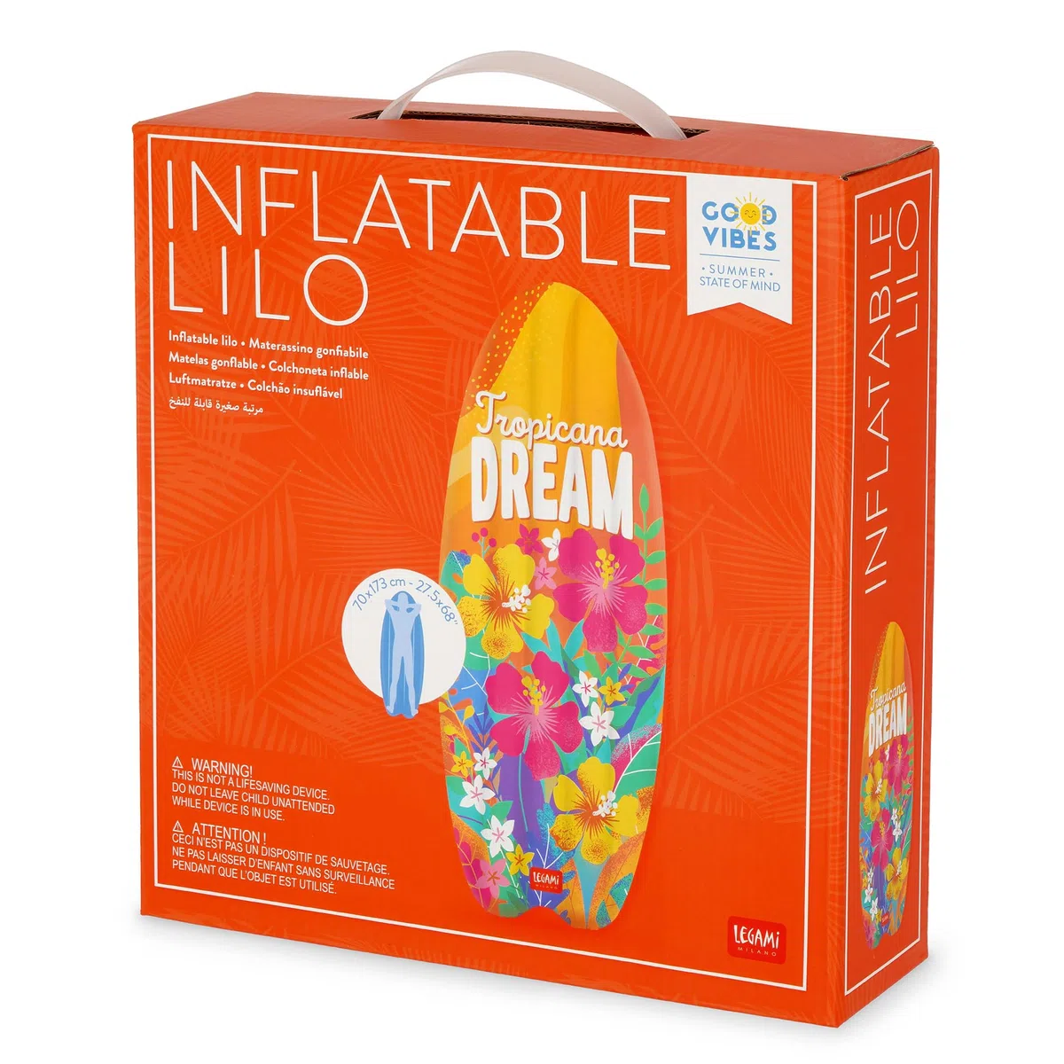 Legami - Materassino Mare Gonfiabile, Materassino Gonfiabile Singolo, 2 Camere d'Aria, Supporta fino a 90 Kg, A forma di Tavola da Surf, Include Toppa Autoadesiva per Piccoli Fori, 70 x 173 cm
