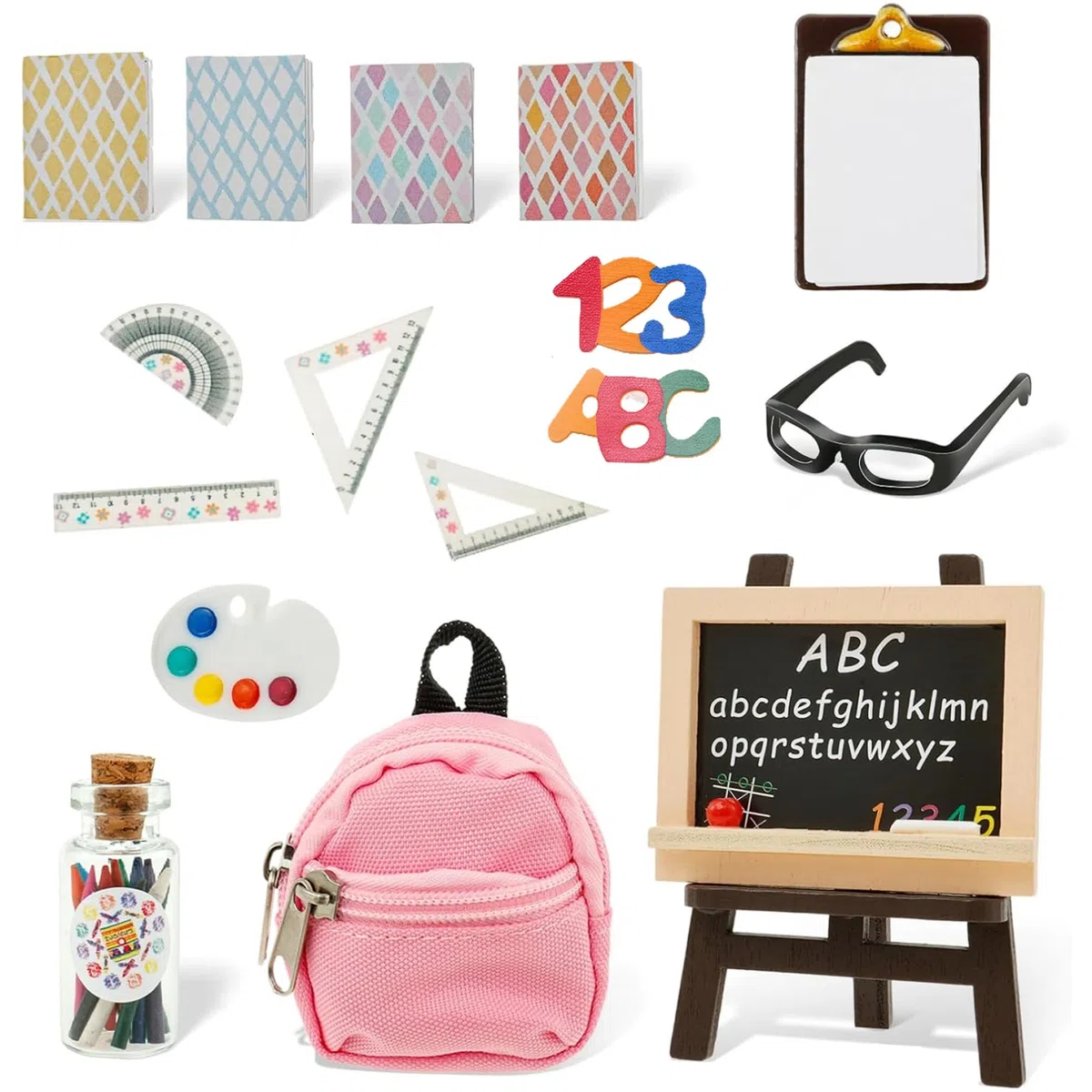 Mini materiale scolastico per casa delle bambole, 17 pezzi/set compreso piccolo zaino, mini, matita, occhiali, cancelleria, libri Set di accessori per casa delle bambole in plastica