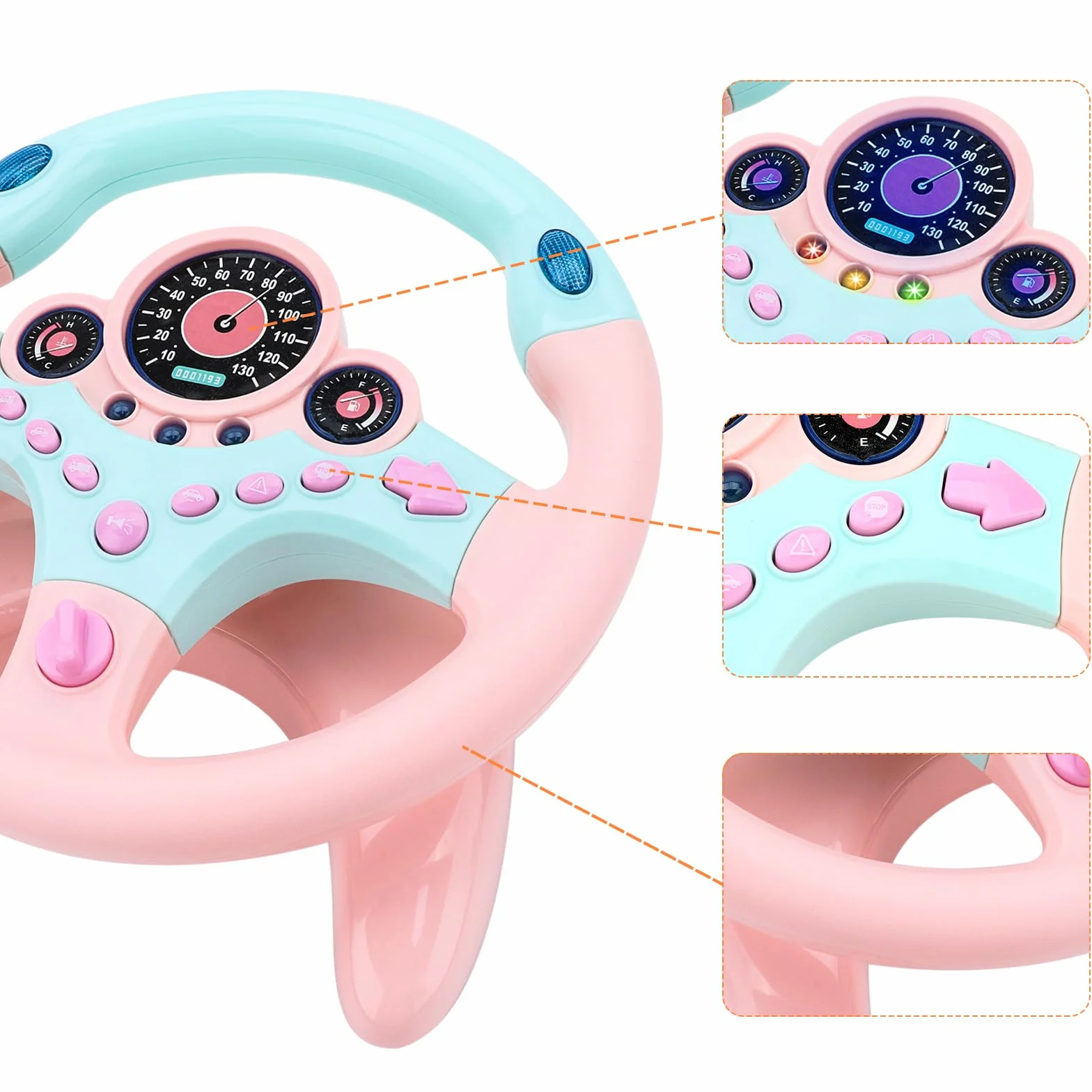 deAO Volante Auto Bambino Simulatore di Guida Bambino Volante Portachiavi con Rotazione a 360°, Funzioni sonore e Luminose (Rosa)