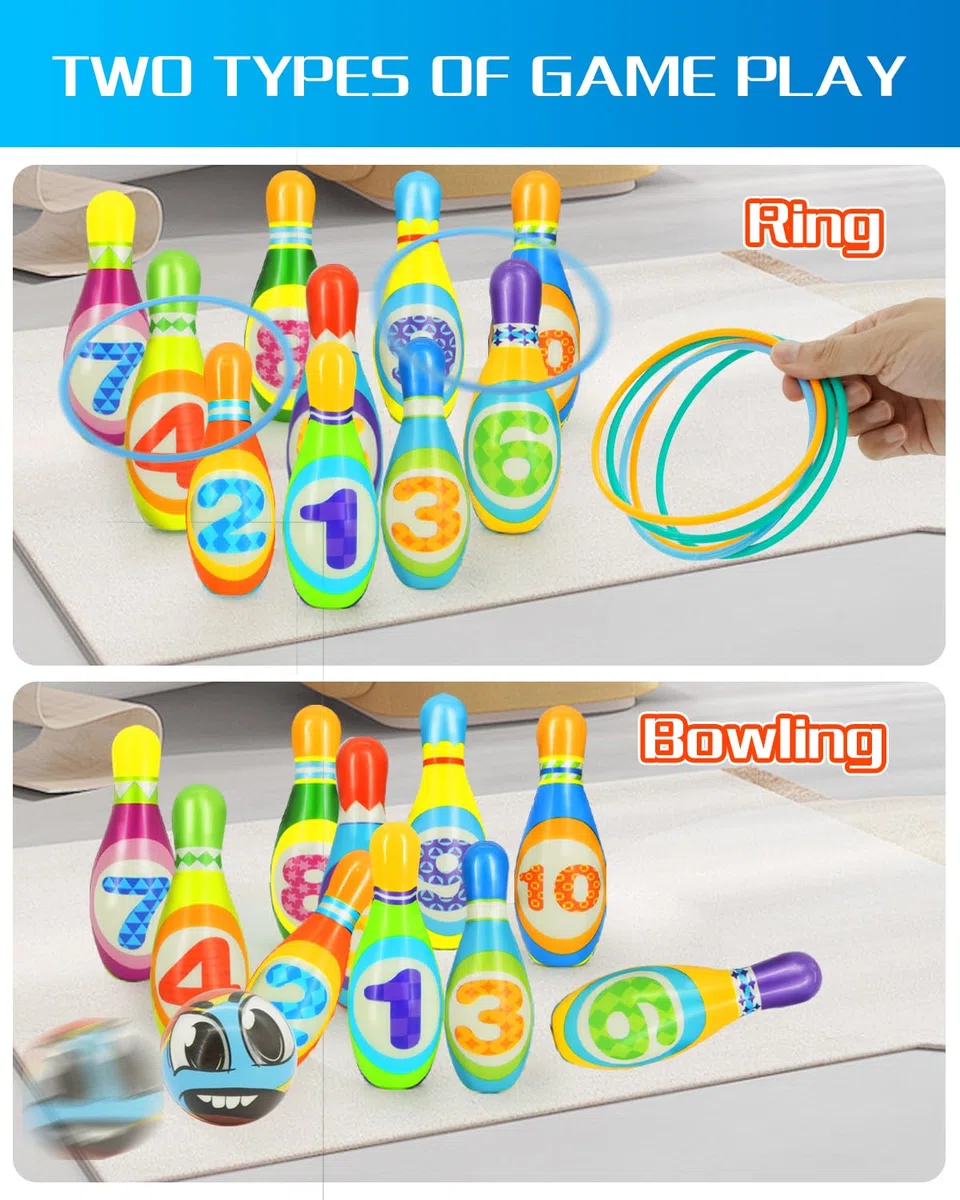 Bowling Set Bambini, Giochi Bambini 3 4 5 Anni, Bowling Set Bambini con 10 Birilli 5 Anelli e 2 Palle, Giochi da Giardino per Bambini Giochi Montessori