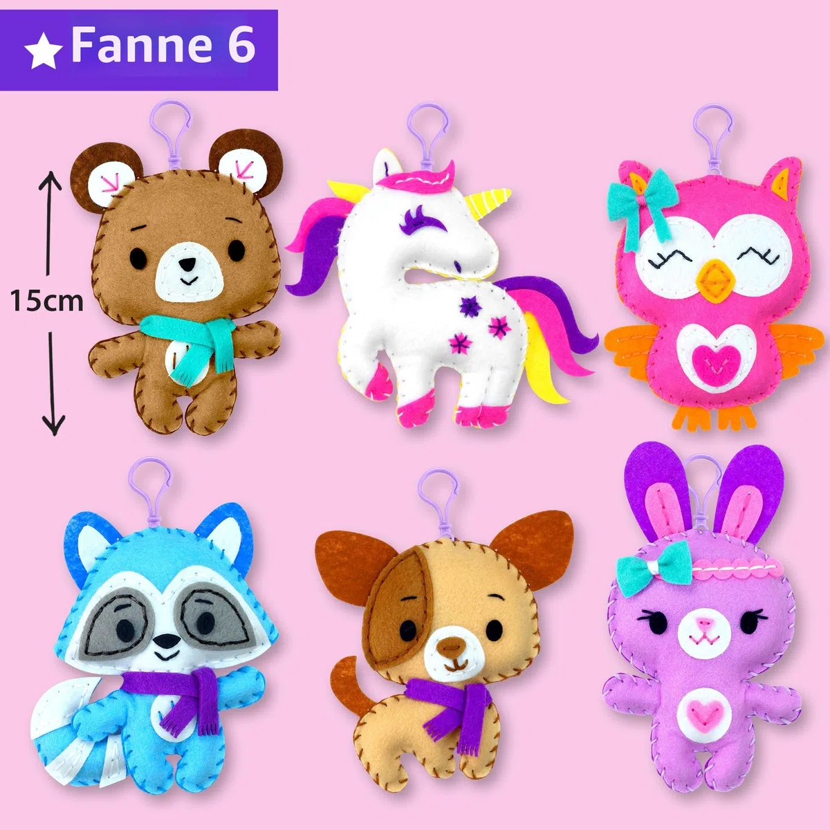 KRAFUN Kit da Cucito Portachiavi per Bambini 7+ Anni, 6 Bambole Peluche (Orsacchiotto, Unicorno, Cucciolo), Feltro, Istruzioni, Giocattolo Educativo
