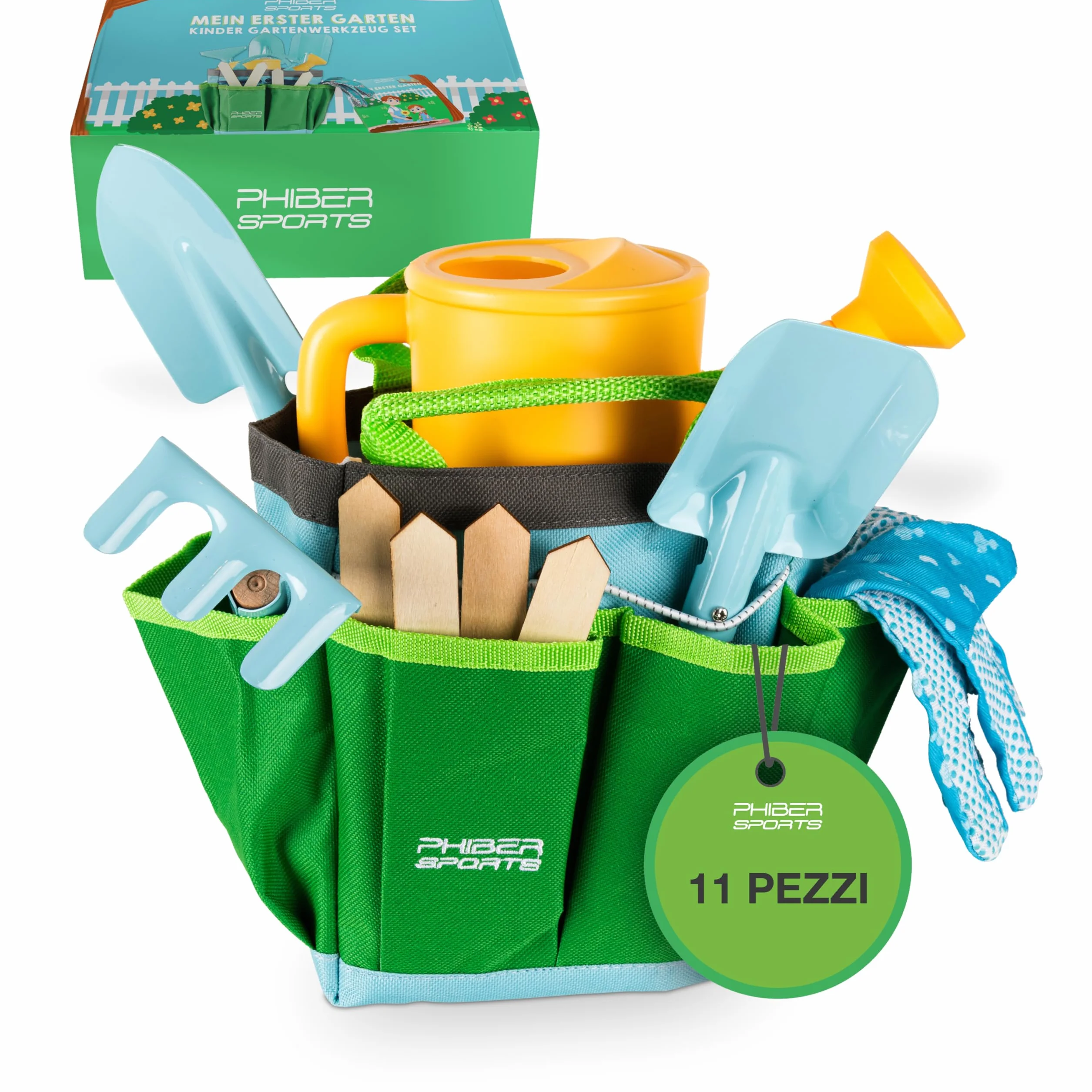 PHIBER-SPORTS Set di Attrezzi da Giardino per Bambini (11 Pezzi) - Attrezzi da Giardinaggio per Bambini dai 3 Anni in su - Strumenti in Metallo, annaffiatoio, Guanti da Giardinaggio, Borsa