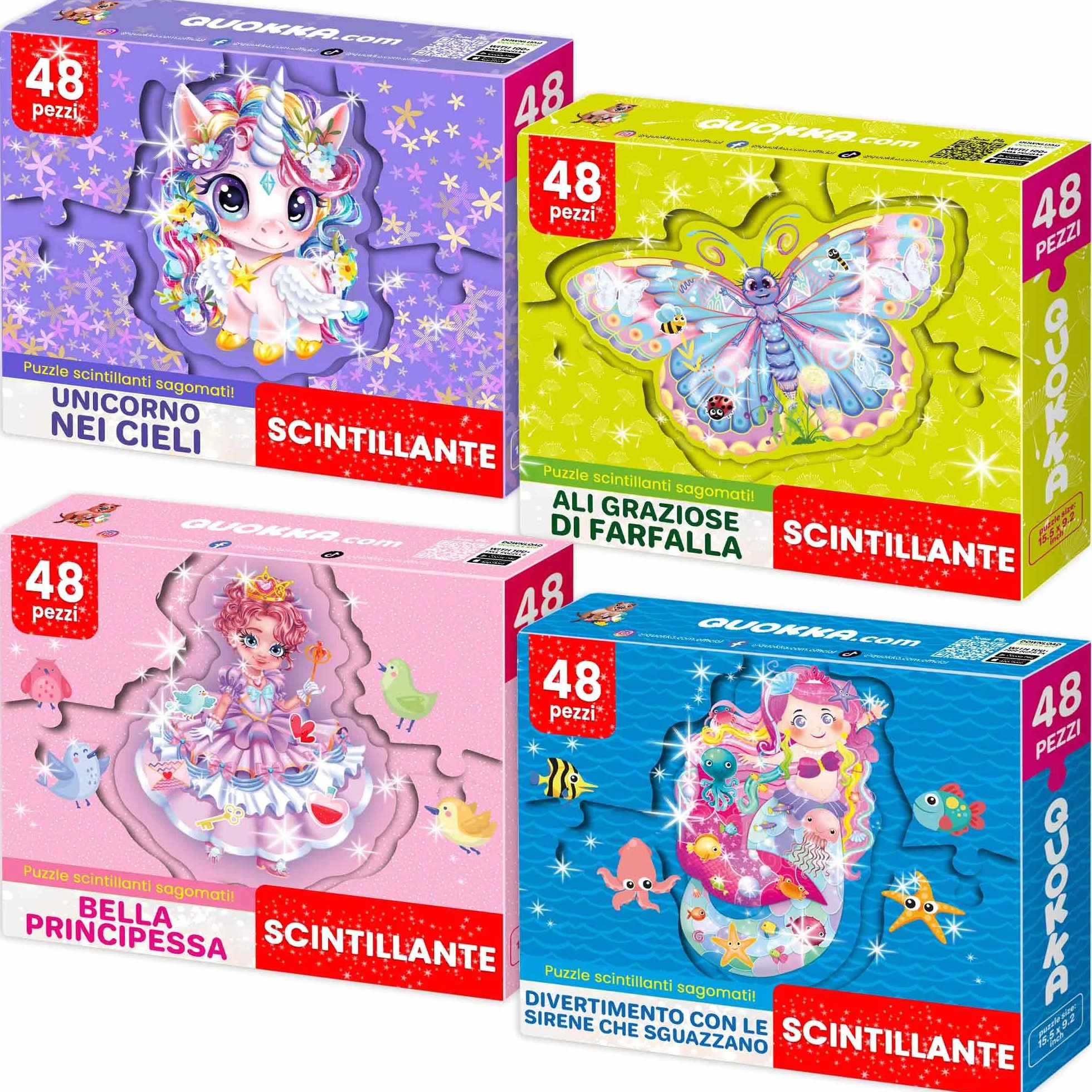 QUOKKA Shimmer Puzzle per Bambini Dai 4 ai 6 Anni - Puzzle a Forma di 48 pezzi - Confezione da 4: Principessa, Sirena, Farfalla e Unicorno - Giocattolo Bambini