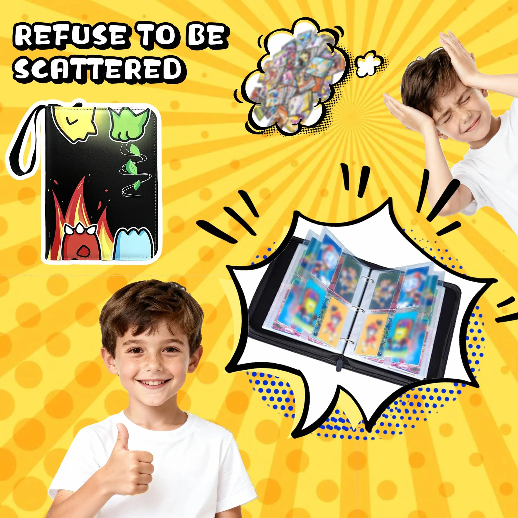Raccoglitore Carte 400, Album Carte Collezionabili 4 Tasche 50 Pagine Capacità 400 Carte, Album Porta Carte con Cerniera, PU Raccoglitore Impermeabile, Regalo per Collezionisti e Bambini (B)