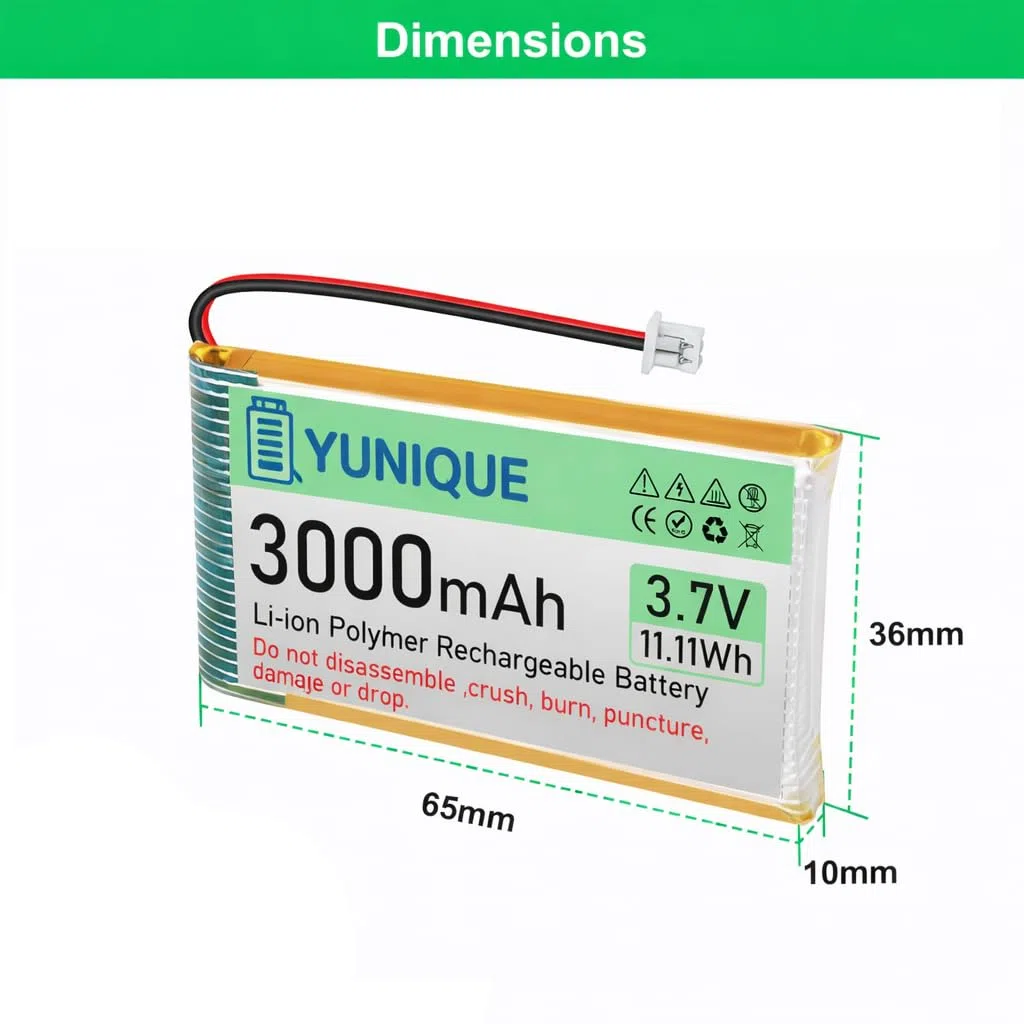 YUNIQUE GREEN-CLEAN-POWER Batteria LiPo 3.7V 3000mAh 103665 con Micro JST 1.25 + Caricatore USB – Batteria Ricaricabile 1S per Arduino, ESP32, Drone, Moduli e Progetti Elettronici