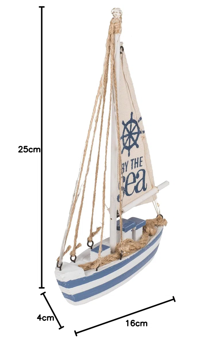 Out of the blue Barca a vela in legno con 7 LED, ca. 25 x 16 x 4 cm, batterie incluse