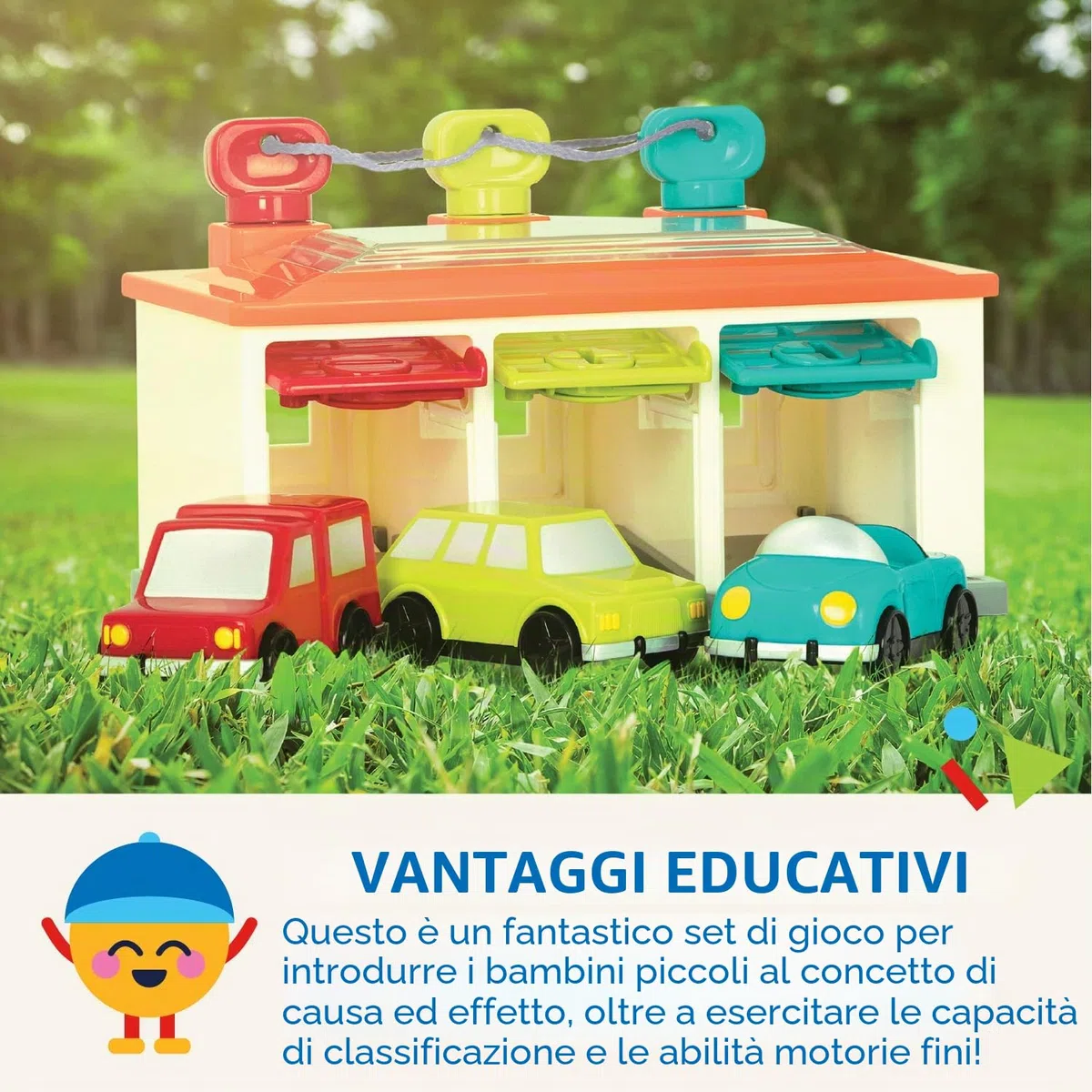 Battat - Garage per 3 Auto - Garage per Auto Playset - Giocattolo Causa-Effetto - Giocattolo di smistamento con codice Colore - 2 Anni +