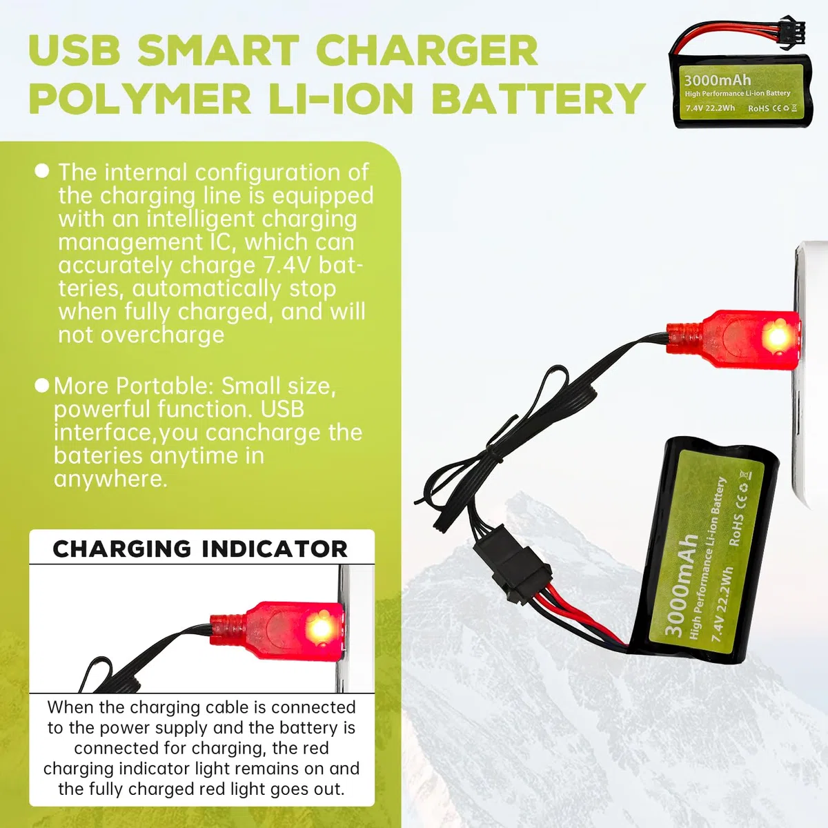 7.4V 3000mah 15C 2S batteria agli ioni di litio con spina SM-4P con cavo di ricarica USB Adatto per EC08 DE85 RC auto camion RC barca RC Drone ingegneria batteria del veicolo
