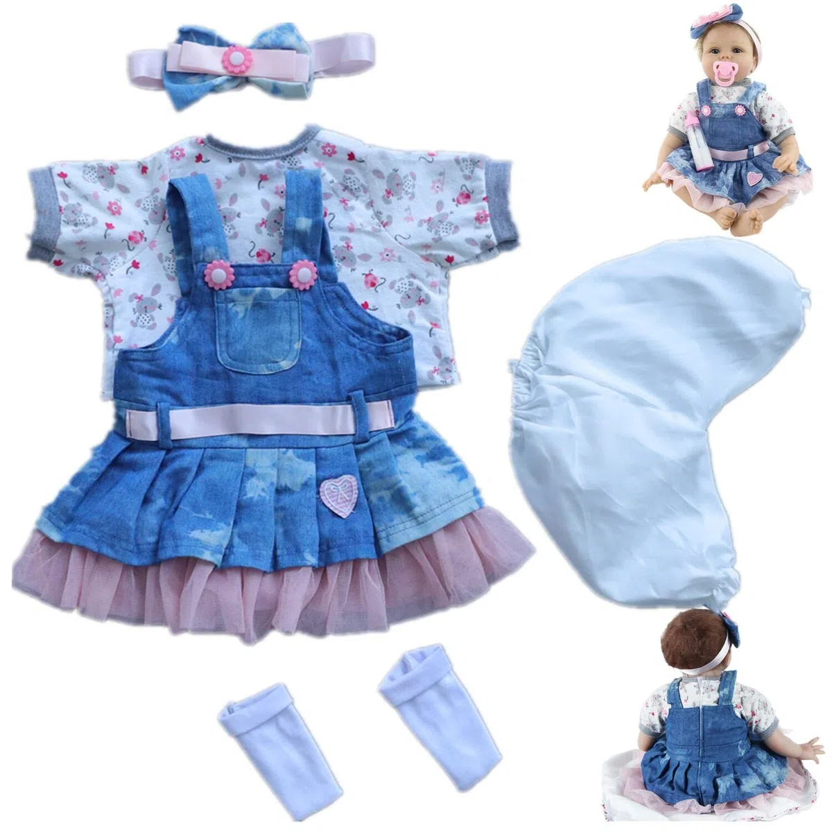 Reborn - Set di 5 pezzi di vestiti per bambola, per neonata, da 17 a 22 pollici, accessori con gonna in denim