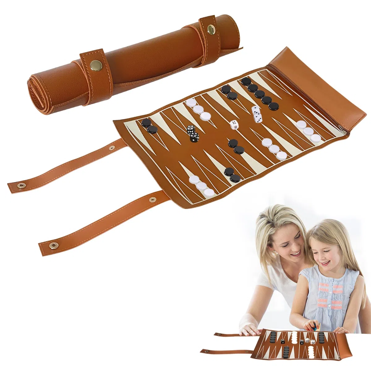 Backgammon - Set da viaggio arrotolabile – Backgammon viaggio classico con accessori, gioco da tavolo portatile per famiglia e viaggi, dimensioni del campo di gioco: 35,5 x 25,2 cm (marrone)
