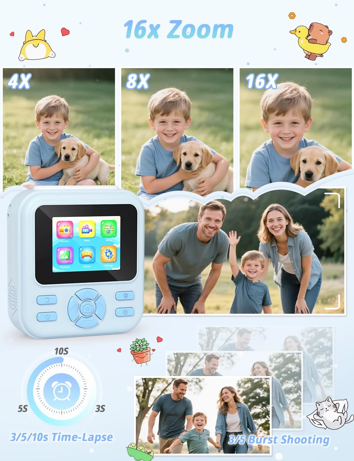 YOHOOLYO Macchina Fotografica Bambini Istantanea 2.4 Pollici, 1080P HD con scheda SD da 32GB, 6 penne colorate e 3 rotoli di carta da stampa, regalo per bambini da 3 a 14 anni-Rosa (Blu)