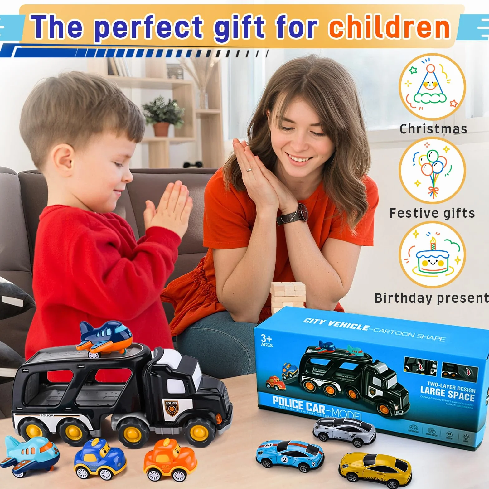 8 in 1 Camion Macchinine Giocattolo Trasportatore con Suoni e Luci per Bambini 1 2 3 4 5 Anni, 7 Mini Cars, Macchina Trucks Regalo per Bambino Ragazze Ragazzi