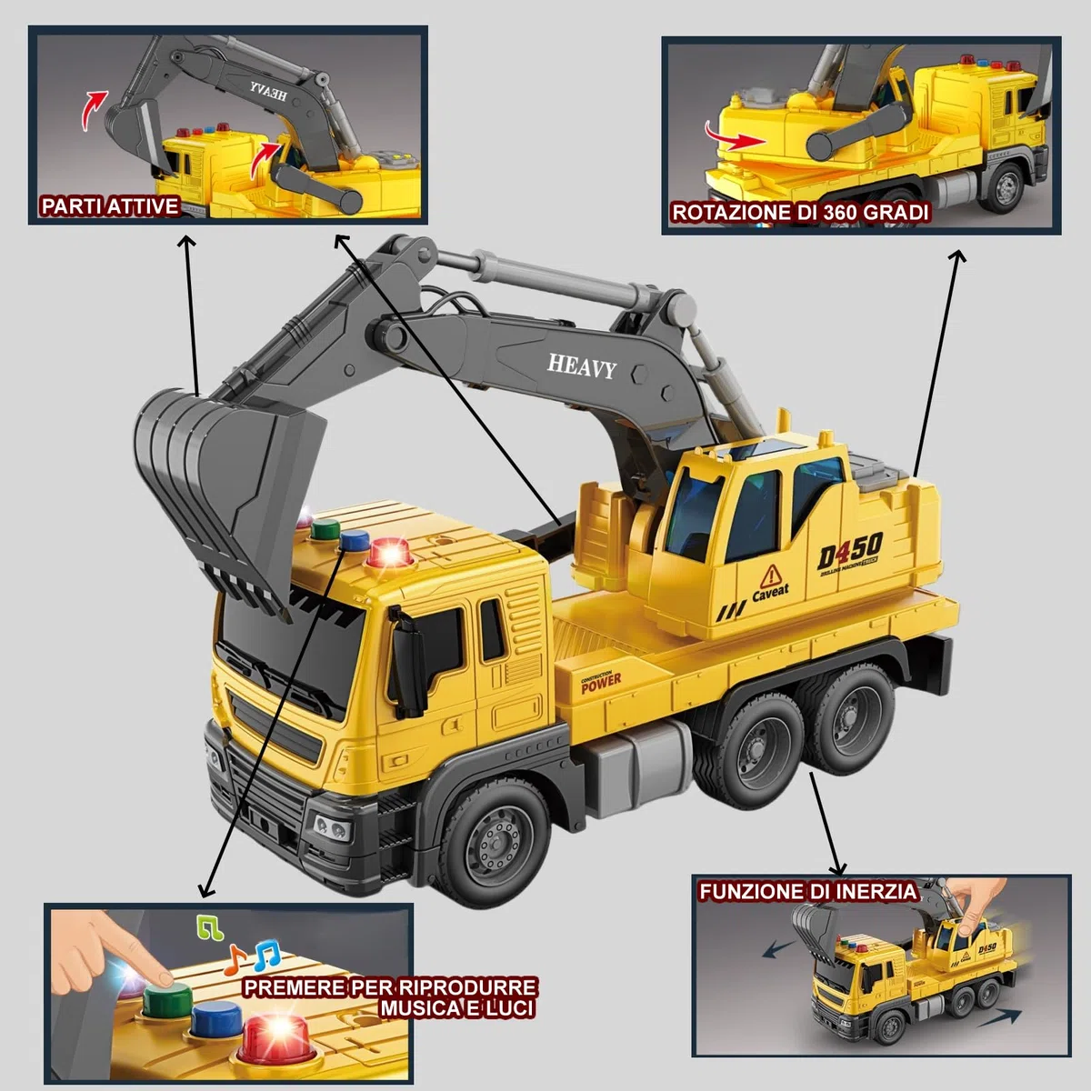 Scala 1:16 Escavatore, Escavatori Grande camion Giocattolo con Luci e Suoni Funzione, Veicoli da cantiere Giocattolo Regalo per Bambini 3 4 5 6 Anni