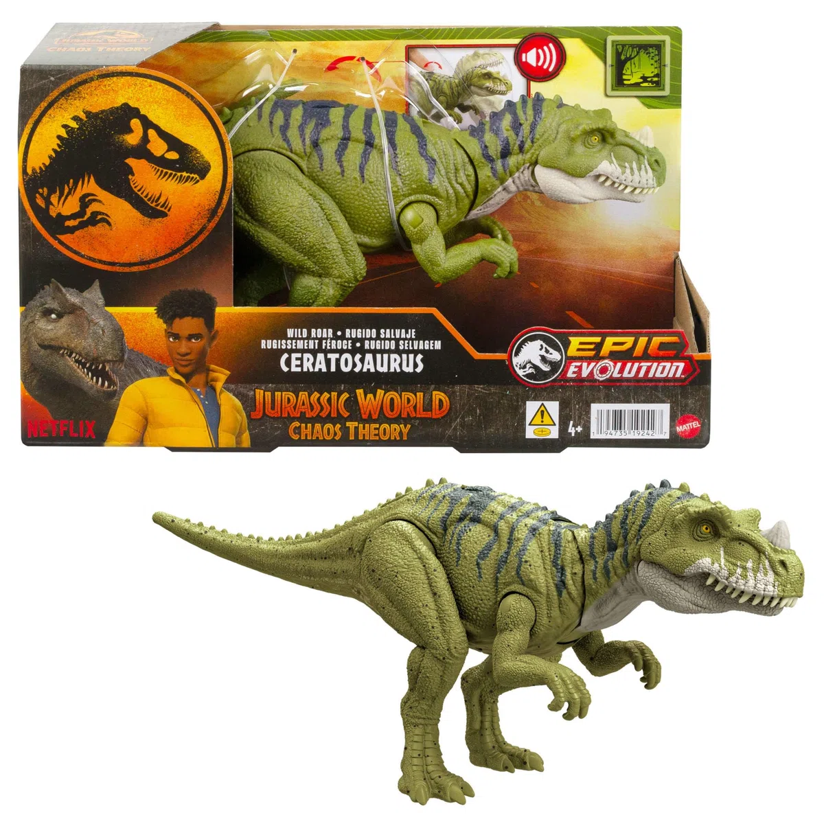 Mattel Jurassic World: Teoria del Caos Netflix - Wild Roar Ceratosaurus, dinosauro giocattolo, regalo per bambini, HTK74
