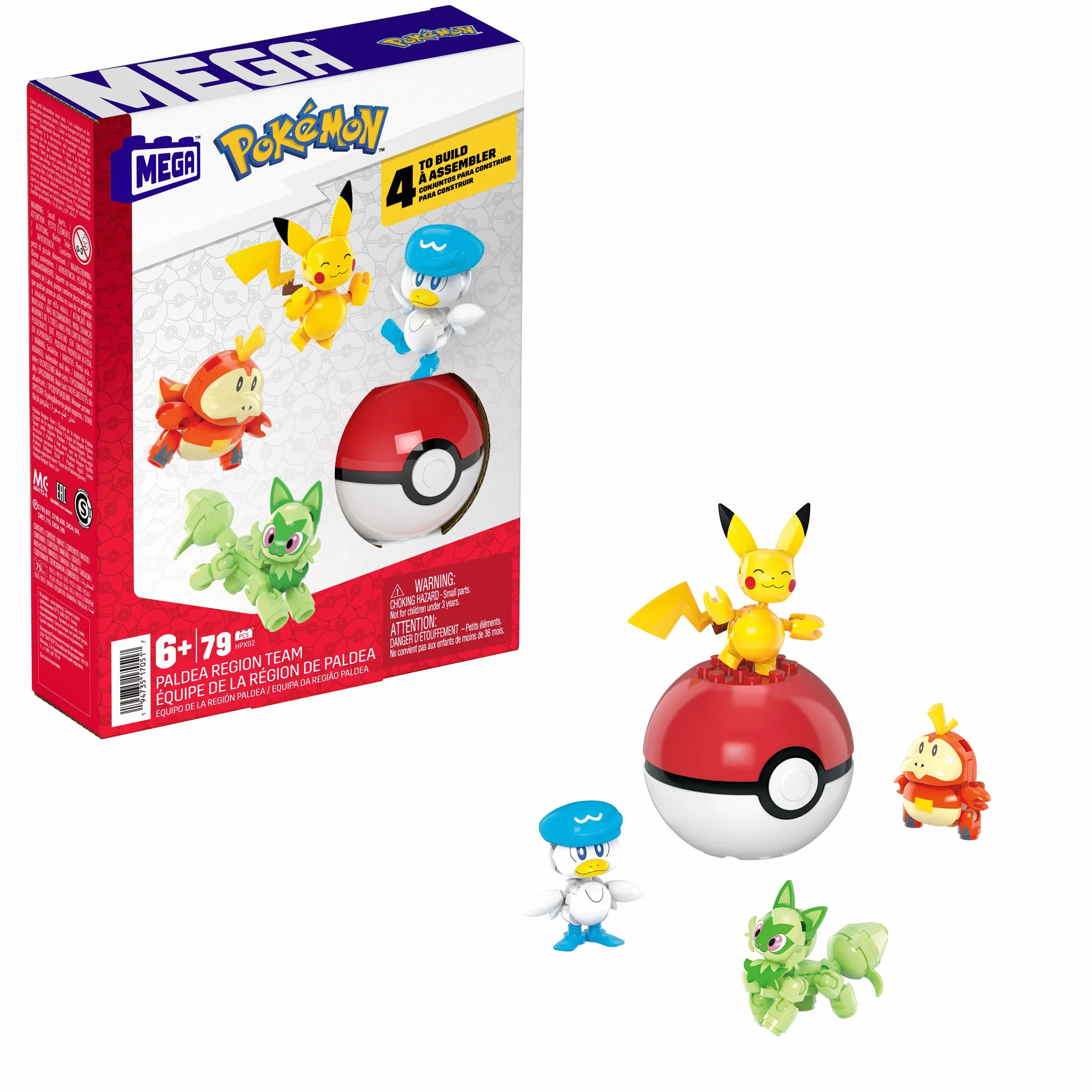 MEGA Pokémon - Team della Regione di Paldea, set con 4 personaggi e 1 Poké ball da costruire con 79 pezzi, include Pikachu, Fuecoco, Sprigatito e Quaxly, giocattolo per bambini, 6+ anni, HPX92