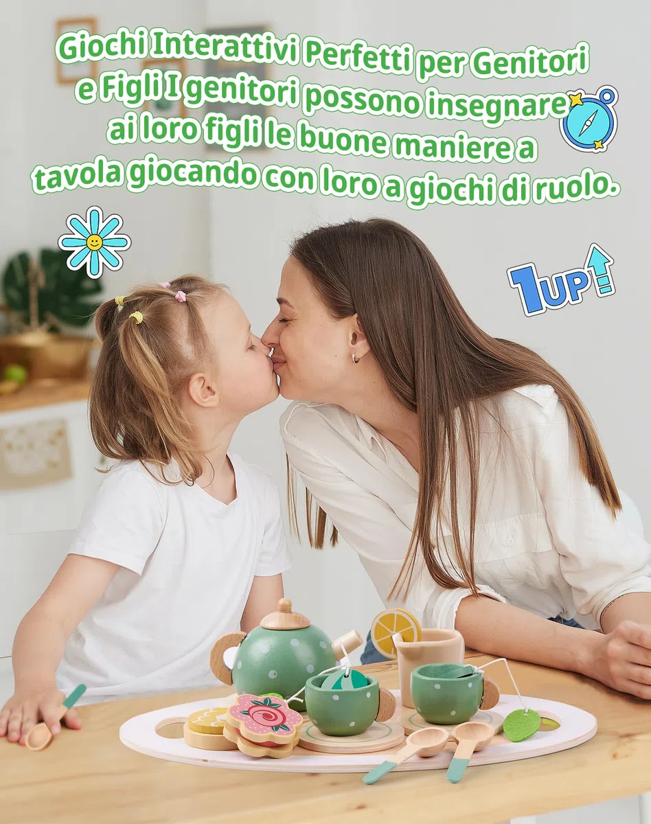 Set da Tè Giocattoli in Legno per Bambini 3-7 Anni Cucina Giocattolo Tea Party Educativi Montessori Gioco di Imitazione per Ragazze Regalo Compleanno Pasqua Halloween Natale per Bambina 3 4 5 6 Anni