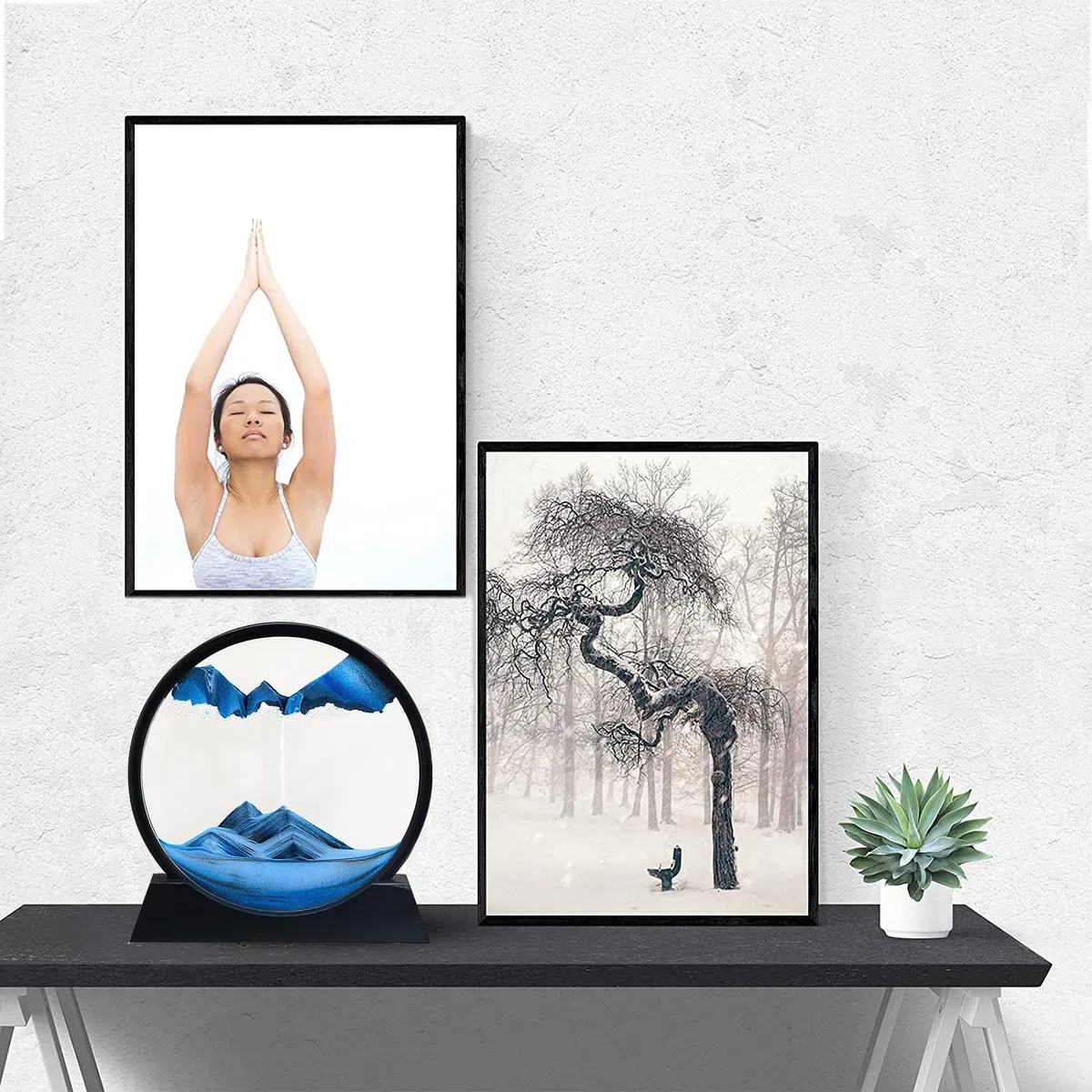 LINPING Pittura di Sabbia Che Scorre,Immagine di Arte della Sabbia in Movimento Vetro Rotondo Paesaggio di Sabbia del Mare Profondo 3D Cornice Che Scorre, Rilassante Desktop Home Office Work Decor