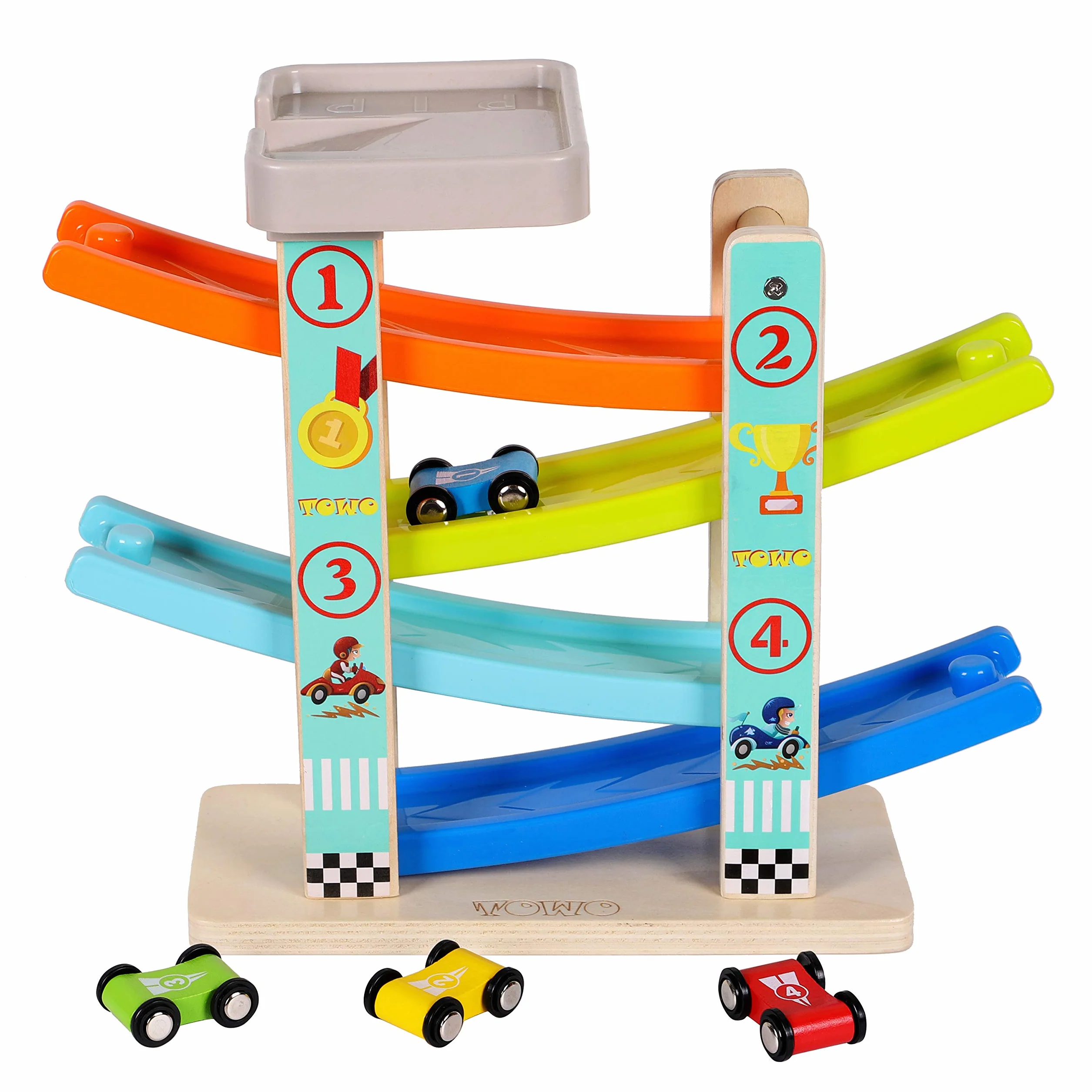 TOWO Pista per Auto in Legno -Rampa Auto Click-Clack con 4 Macchinine da Corsa in Legno per Bimbi Parcheggio sul Tetto e Piste a Zig-Zag - Giocattoli di Legno per Bambini di 1 2 3 4 Anni