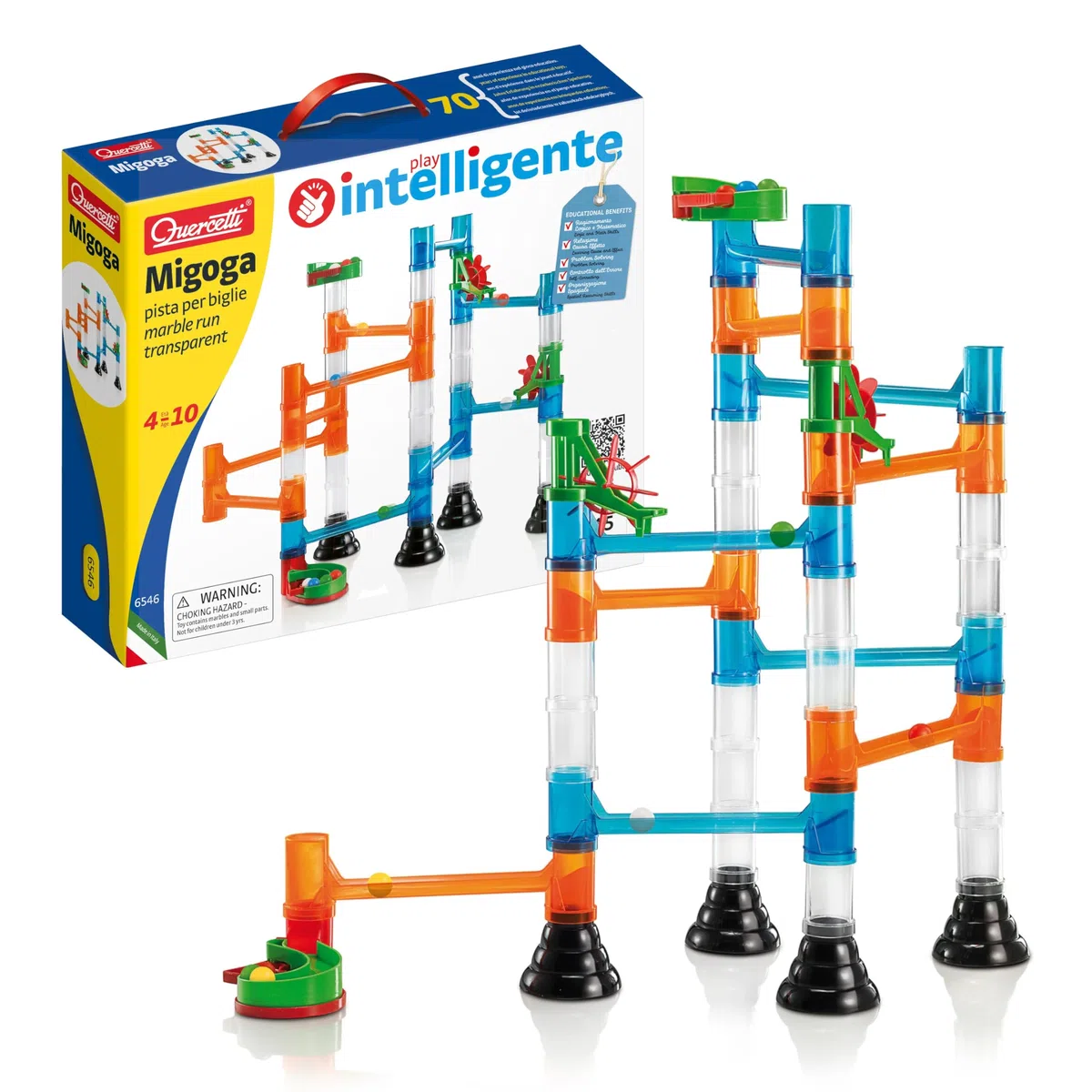 Migoga Quercetti, Pista Biglie per Bambini Educativa con 10 Biglie Colorate e 45 Pezzi, Giochi Creativi per Bambini di Costruzioni dai 4-10 Anni, Stimola Logica, Coordinazione e Problem Solving