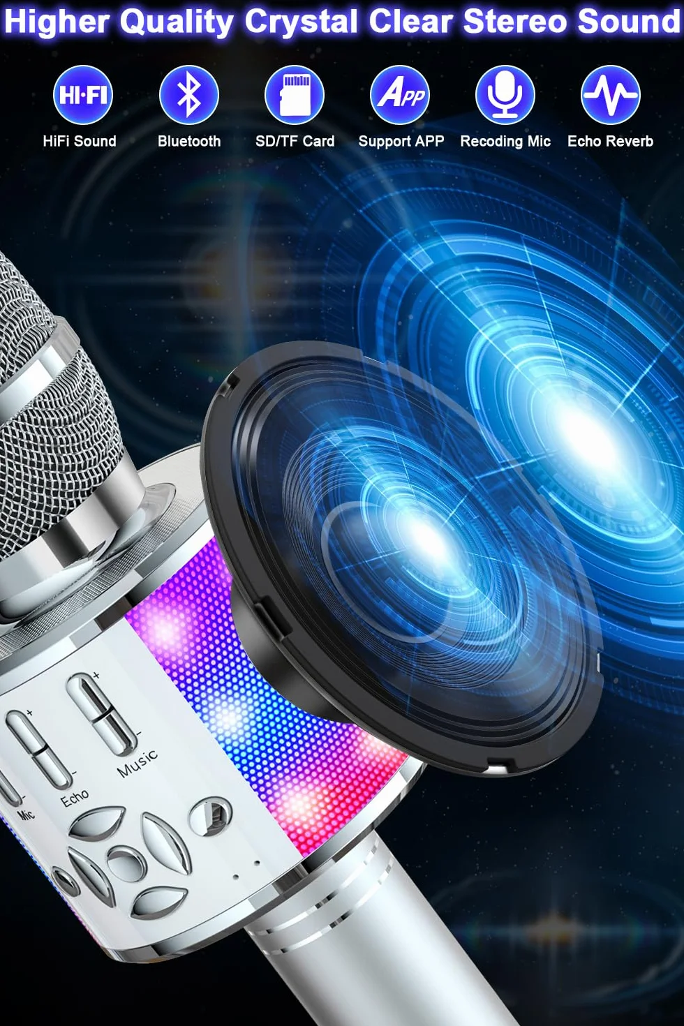 BONAOK Microfono Karaoke con Cambio Voce, Altoparlante LED per Adulti, Dispositivo Bluetooth per Casa KTV