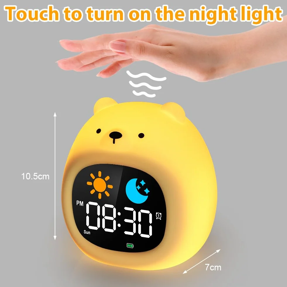 HOTUT Sveglia Bambini, Sveglia Digitale per Bambini, Sveglie da comodino con Luce Notturna Funzione Snooze Timer, 8 Colori Dimmerabile Lampada Notturna Ricaricabile, 6 Suonerie&Colori 8 Musica, Orso