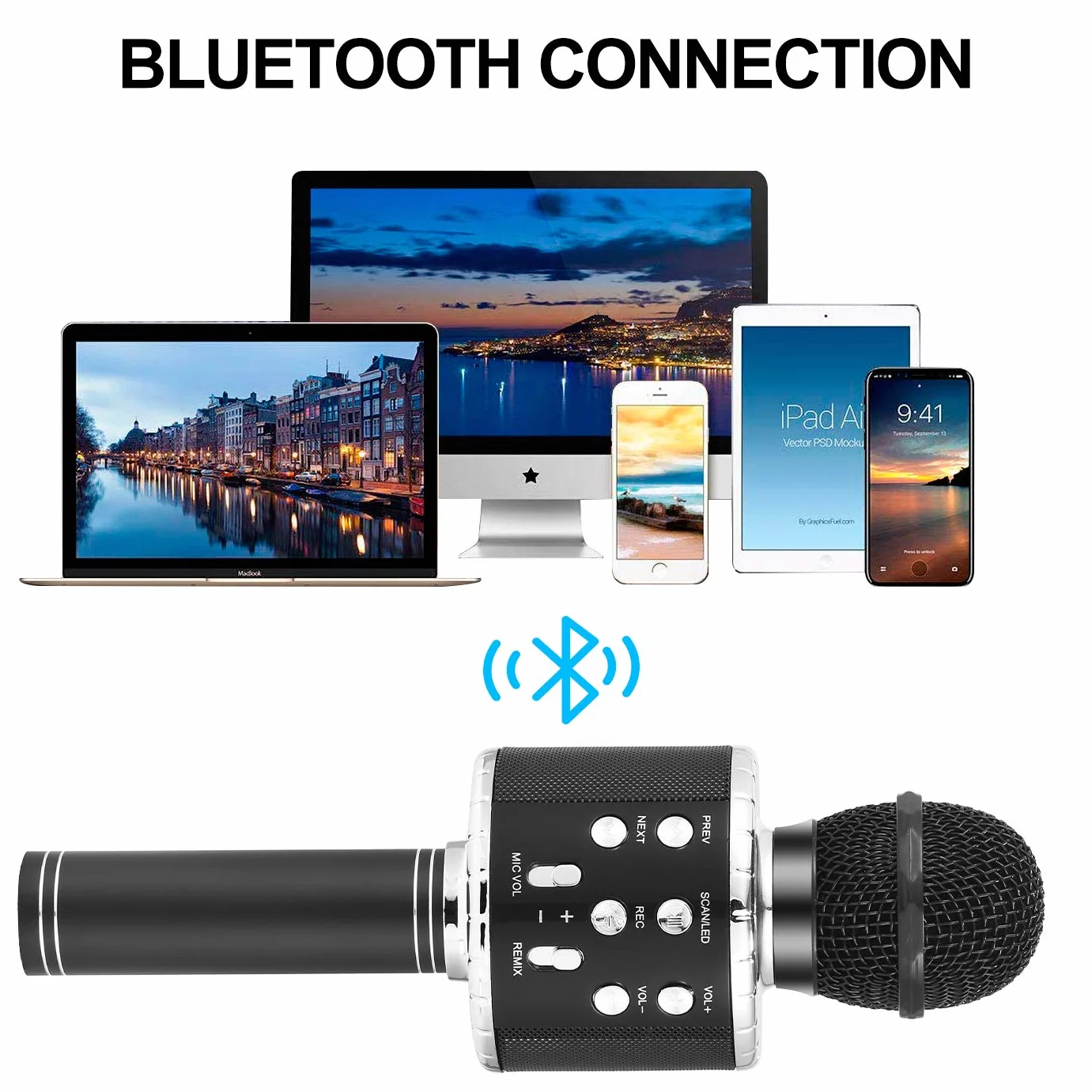Fede Microfono Karaoke Bluetooth Wireless per Bambini, Karaoke Portatile con Luci LED Multicolore per Cantare, Funzione Eco, Compatibile con Android/iOS, PC o smartphone