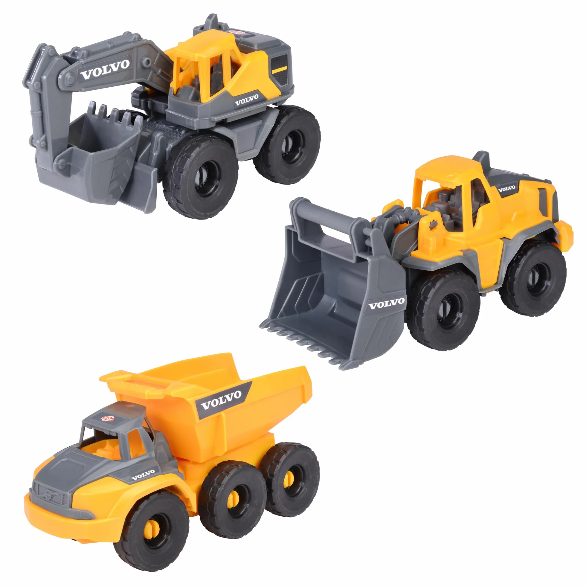 Dickie Toys - Veicoli da cantiere Volvo a partire dai 3 anni (3 pezzi) – Set da costruzione con 3 auto giocattolo (escavatore, pale gommate, camion ribaltabili) per bambini, 16 cm, auto con ruota