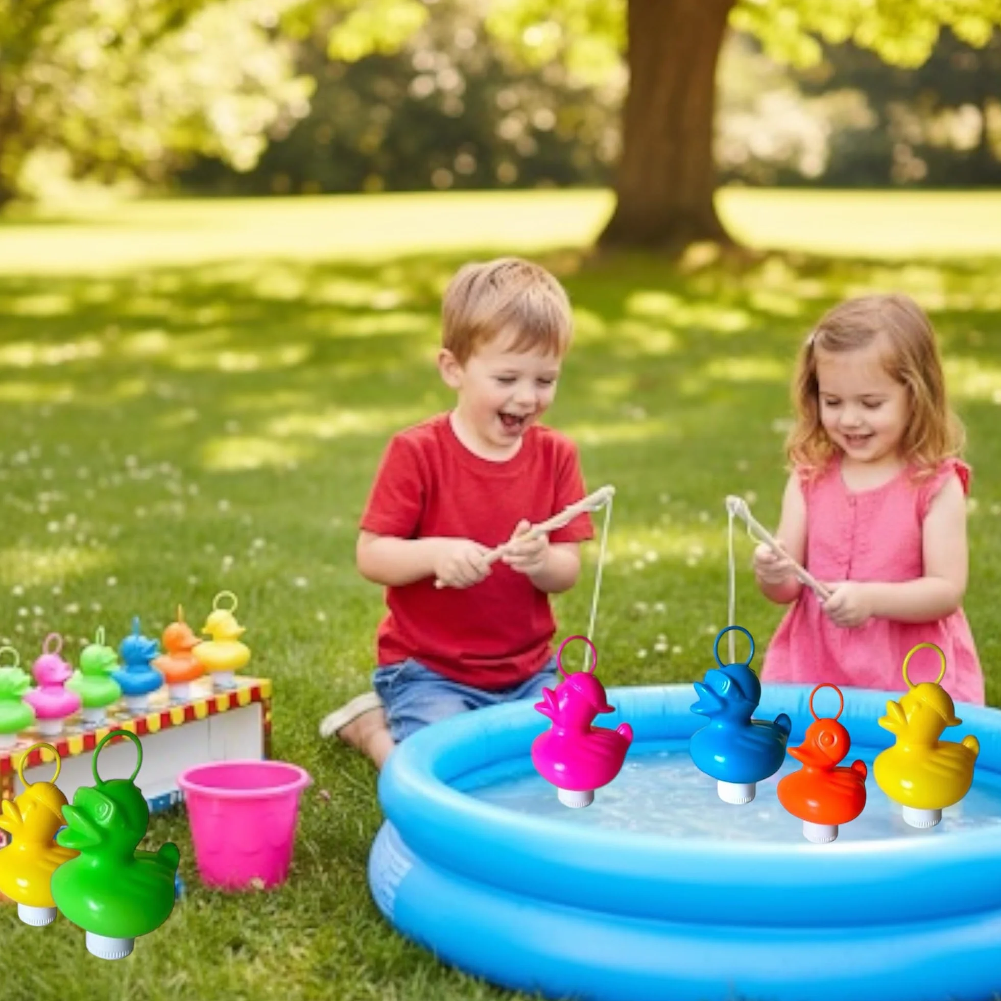 Set da pesca per anatra con 6 anatre multicolore in plastica, gancio e peso, 2 canne con ami, giocattolo da bagno e piscina