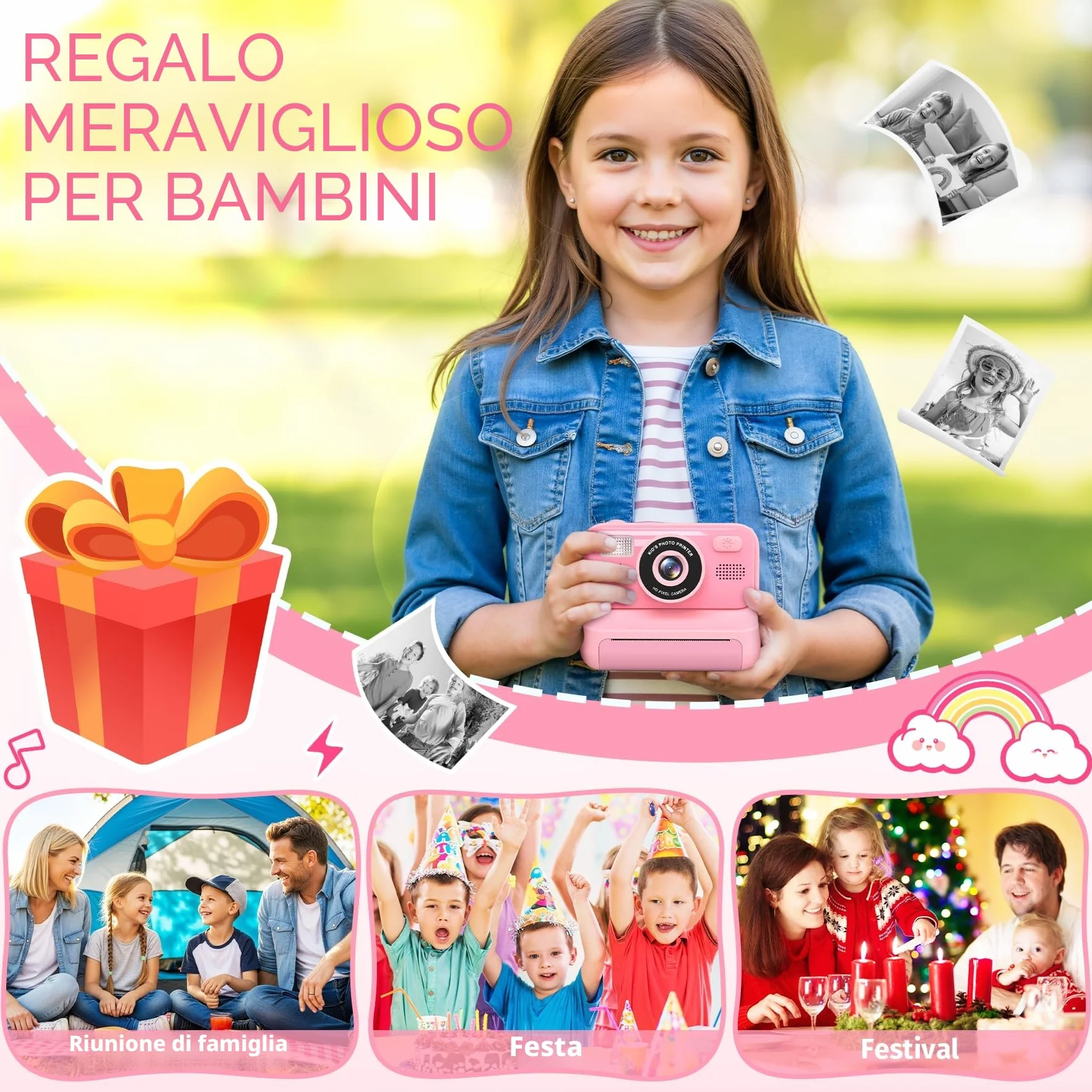 Macchina Fotografica Bambini, 2.4" HD Selfie Fotocamera Bambini con Scheda da 32 GB e 3 Rotoli di Carta da Stampa, Giochi Regalo Natale bambini bambino Nero digitale(Rosa)