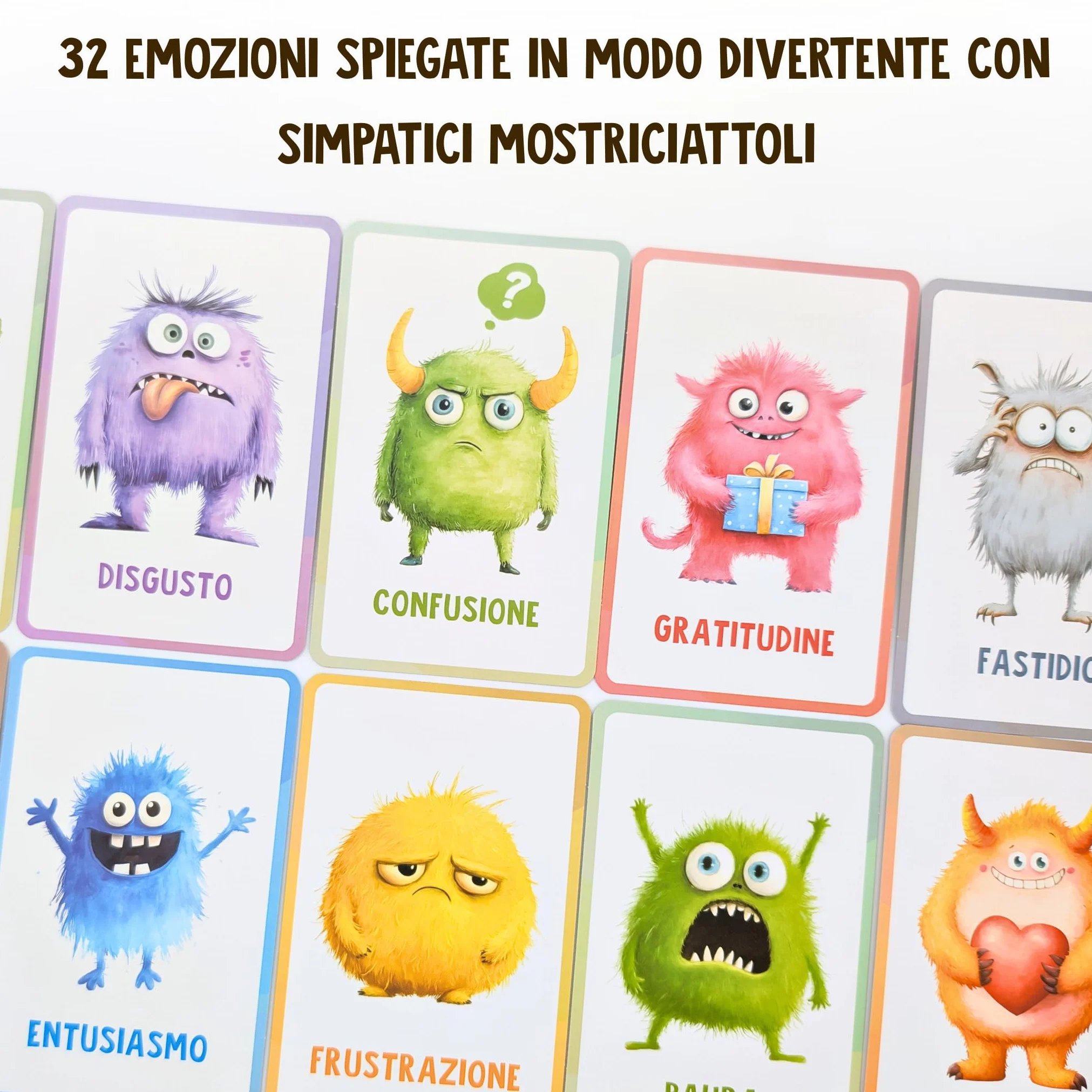 Carte delle Emozioni per Bambini – 40 Carte (32 Emozioni + 8 Extra) con Mini Giochi e Distintivi – Mostriciattoli delle Emozioni – Gioco Educativo per Intelligenza Emotiva – Lingua Italiana – Regalo