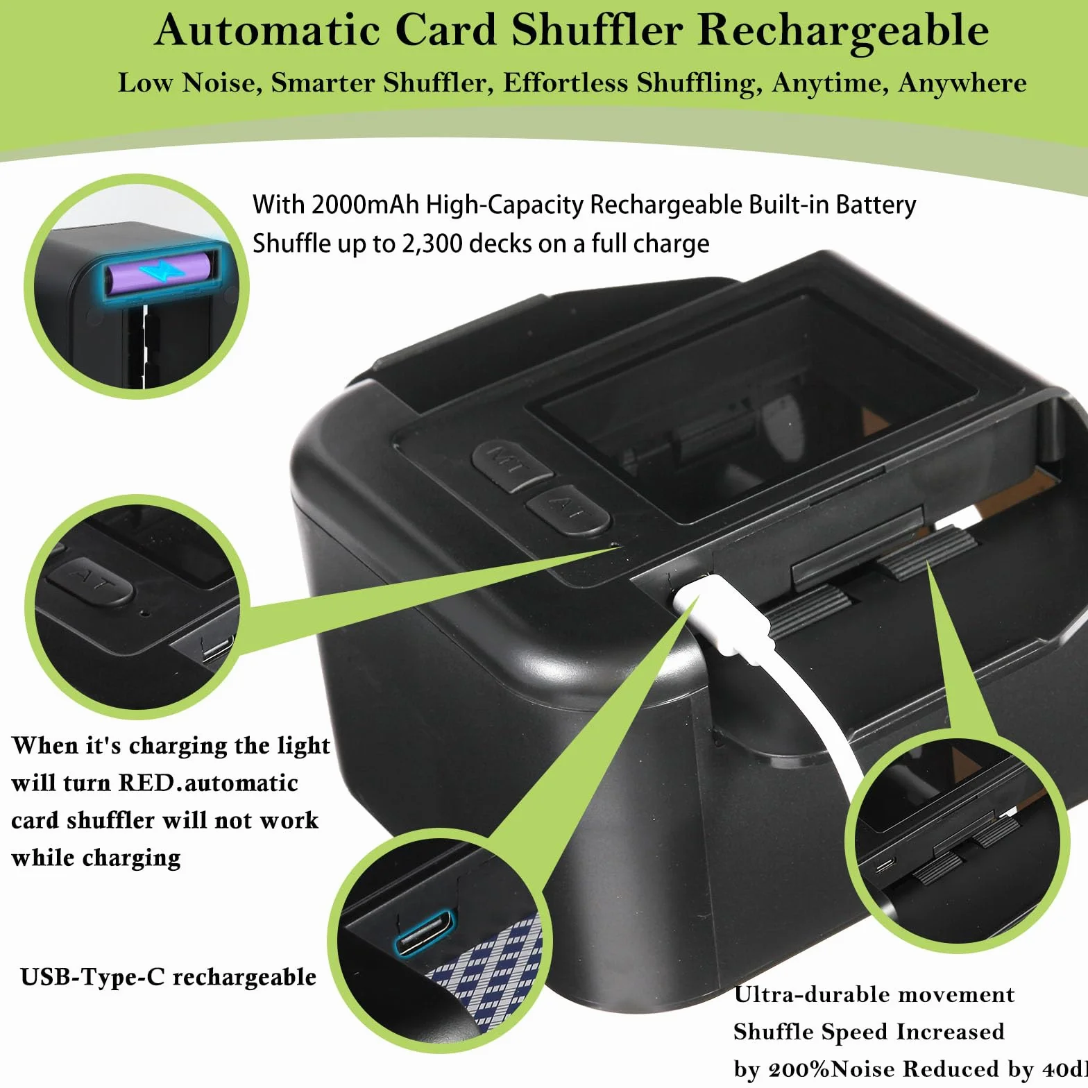 Shuffler automatico per carte da 1-2 deck, 2000 mAH ricaricabile e portatile USB di ricarica Shuffler One-Press AUTO e modalità manuale per mischiare carte per poker UNO Blackjack Skip-Bo