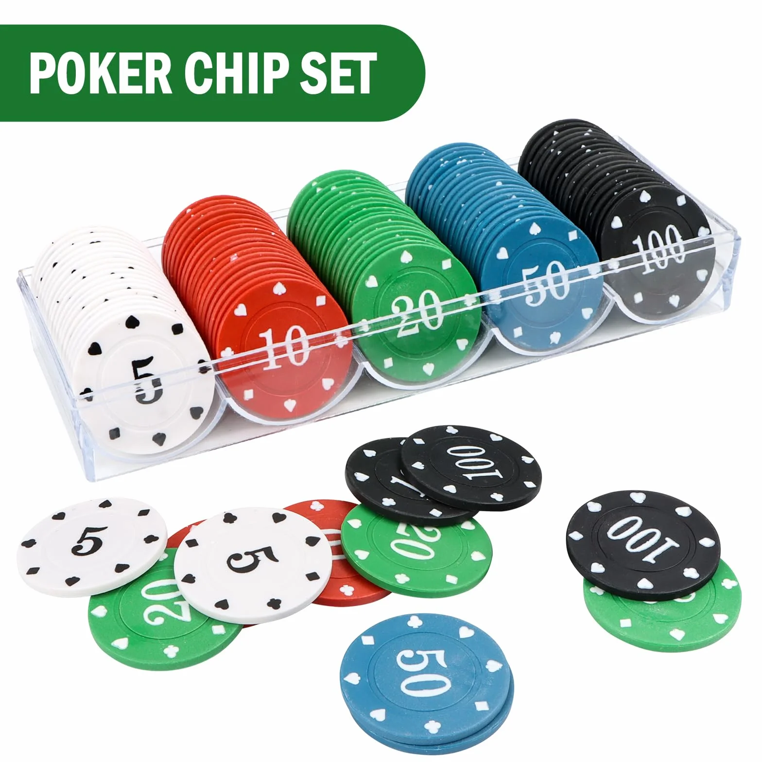 MplehDa Casino Poker Chips, 100 pezzi di chip da poker con valori nominali, gettoni per carte di credito, gettoni di pegno, roulette gioco bingo chip per poker, blackjack e giochi da casinò